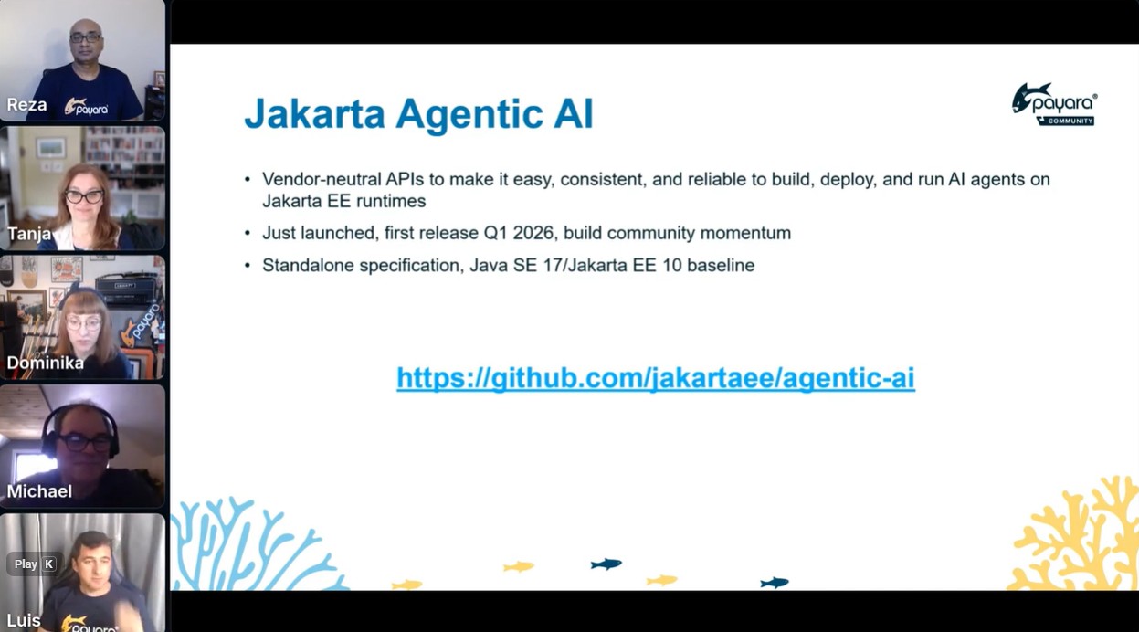 Screenshot from the Jakarta Agentic AI webinar showing a presentation slide titled “Jakarta Agentic AI” with bullet points about vendor-neutral APIs, early project status, and a Java SE 17 and Jakarta EE 10 baseline. Video thumbnails of multiple panel speakers appear on the left, and a GitHub repository link is displayed on the slide.