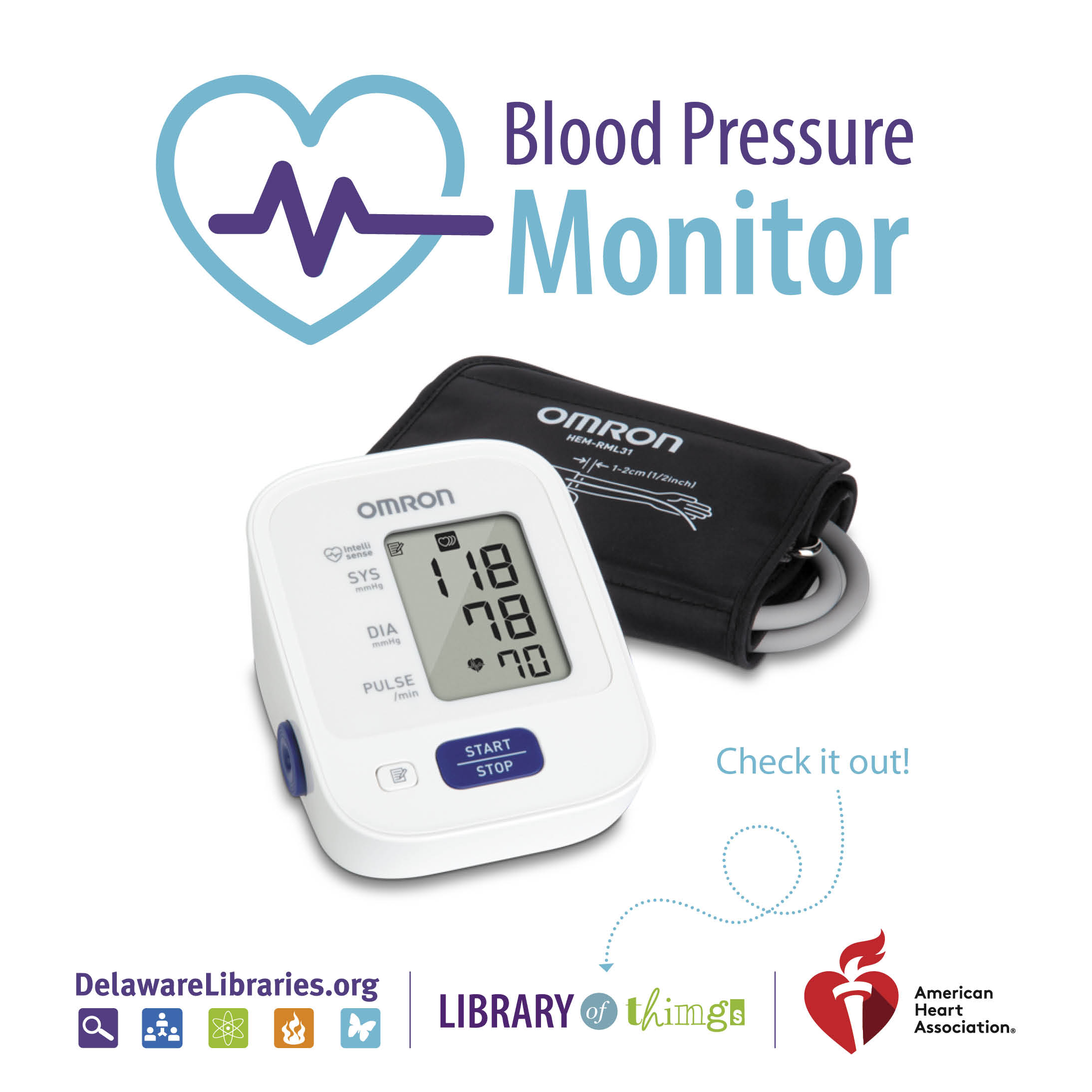 Digital Omron blood pressure monitor with cuff showing a reading of 118/78 and pulse 70, promoting heart health awareness.