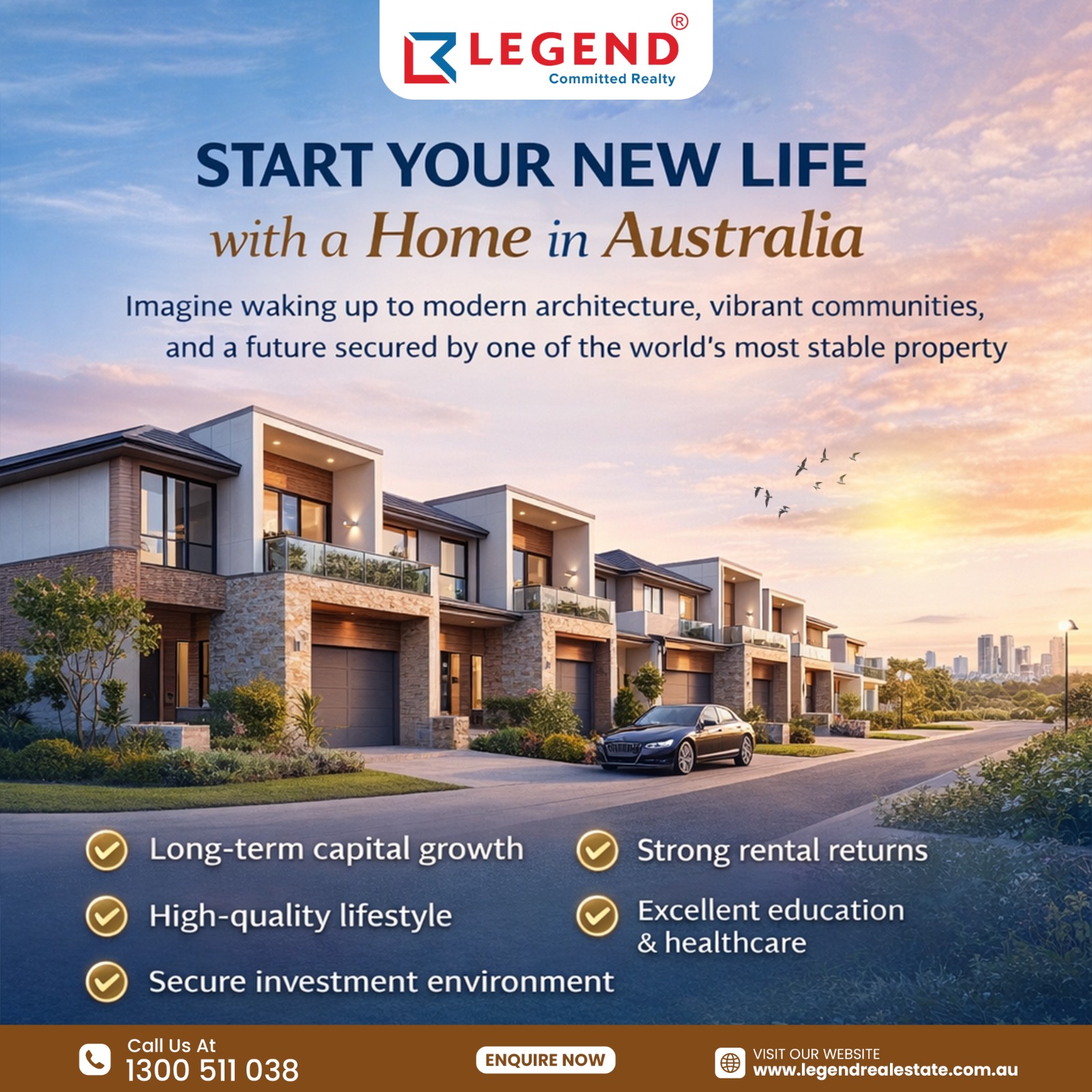 "Modern Australian townhouses at sunset showcasing property investment opportunity with lifestyle and capital growth benefits."
