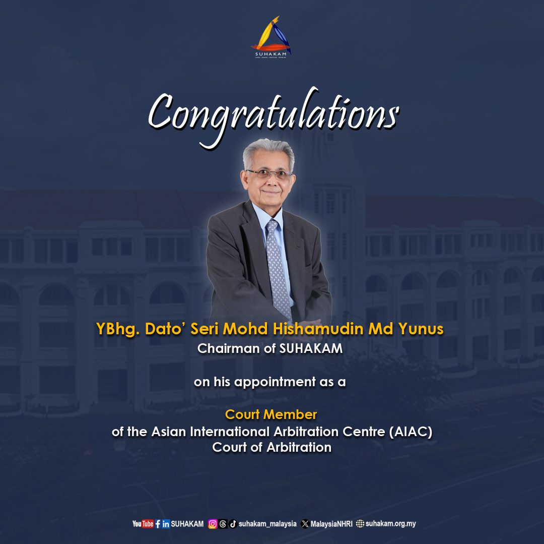 Congratulations to YBhg. Dato’ Seri Mohd Hishamudin Md Yunus, Chairman of SUHAKAM, on his appointment as a Court Member of the Asian International Arbitration Centre (AIAC) Court of Arbitration.

#SUHAKAM
#AIAC
#CourtOfArbitration