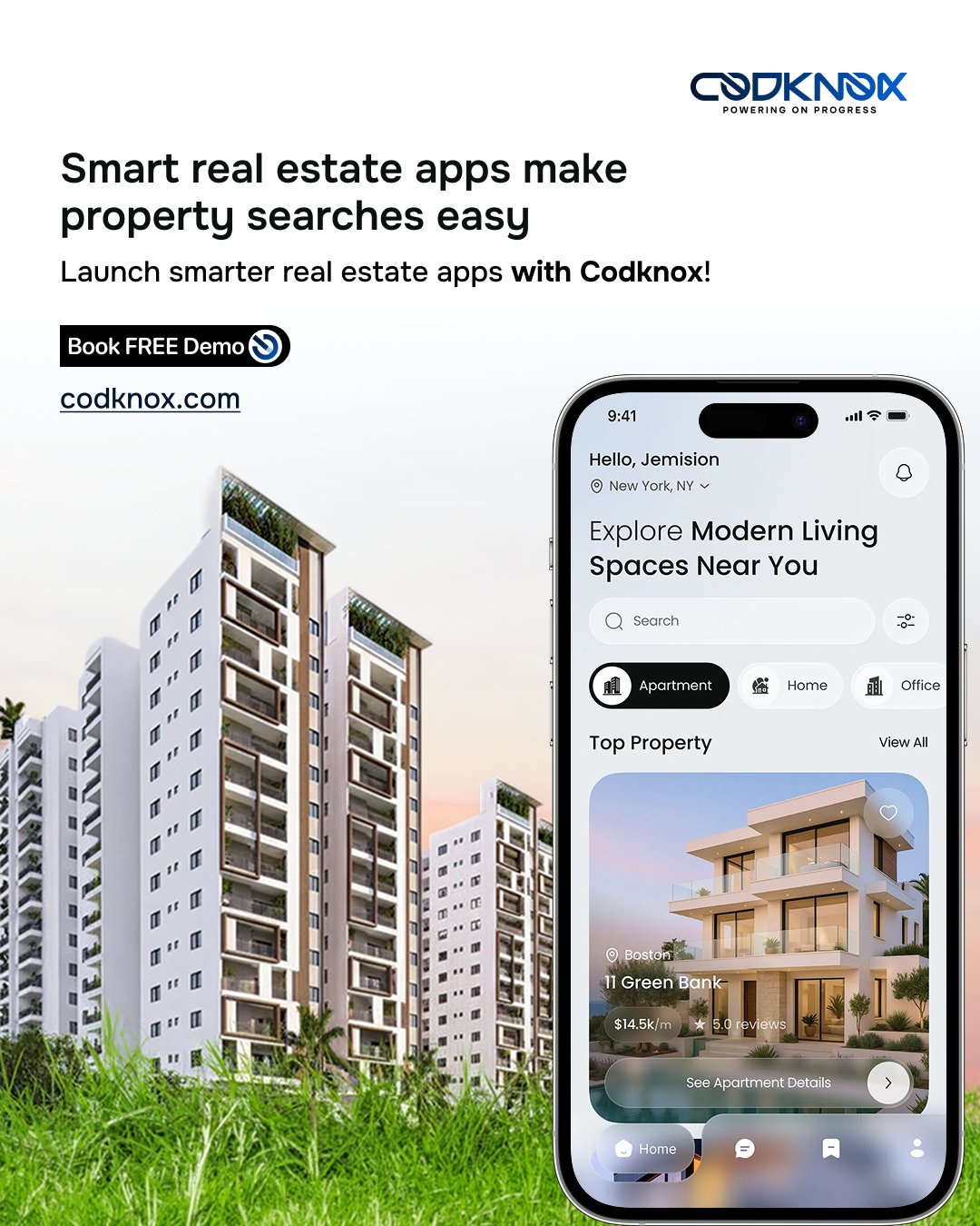 An Infographic image with text "smart real estate apps make property searches easy. Launch smarter real estate apps with codknox"
