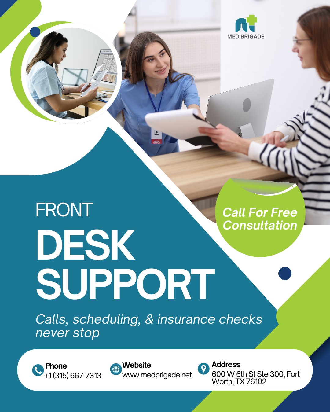 Front desk support that never sleeps. From handling calls to scheduling appointments and verifying insurance, our team keeps your practice running smoothly every day. 📞💼 #FrontDeskSupport  #HealthcareServices #AppointmentScheduling  

𝐏𝐡𝐨𝐧𝐞: +1 (315) 667-7313
𝐖𝐞𝐛𝐬𝐢𝐭𝐞: https://medbrigade.net/       

#MedicalBilling #CredentialingServices #HealthcareSupport #Athenahealth #medbrigade #eClinicalWorks #CollaborateMD #revenuecyclemanagement