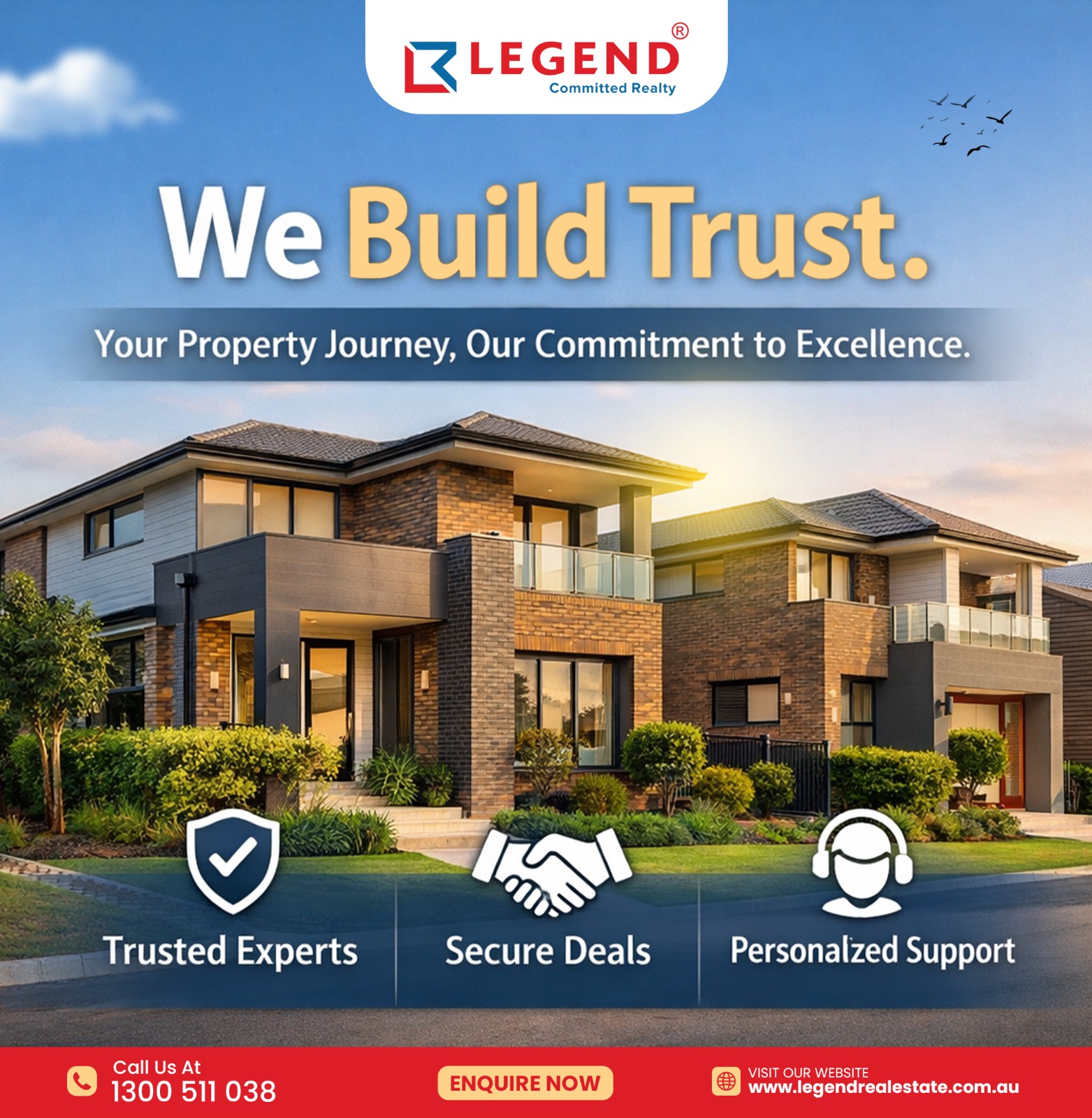 "Modern Australian double-storey homes at sunset with “We Build Trust” message, showcasing trusted experts, secure deals, and personalized support by Legend Realty."