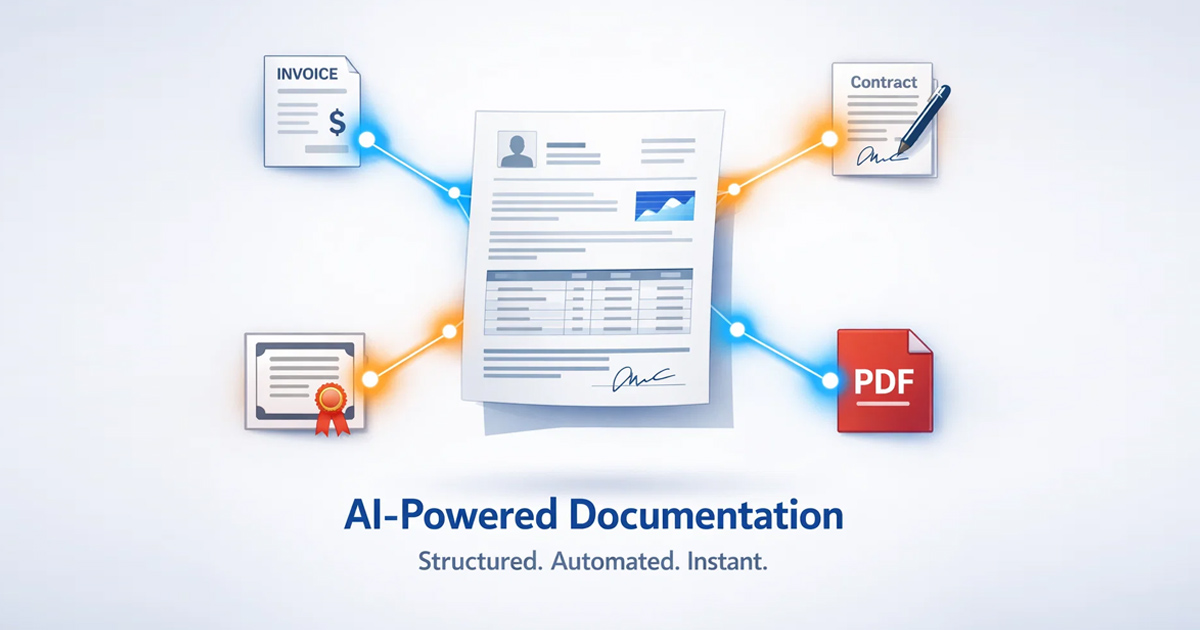 Illustration of a central document connected to invoice, contract, and PDF icons, representing AI-powered document generation, structuring, and automated file conversion.