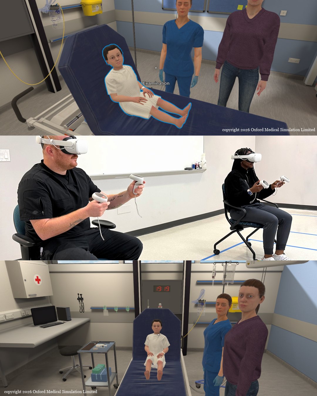 screenshots of a virtual reality simulation with a nurse, a parent, and a child patient, image of two student nurses wearing virtual reality headsets