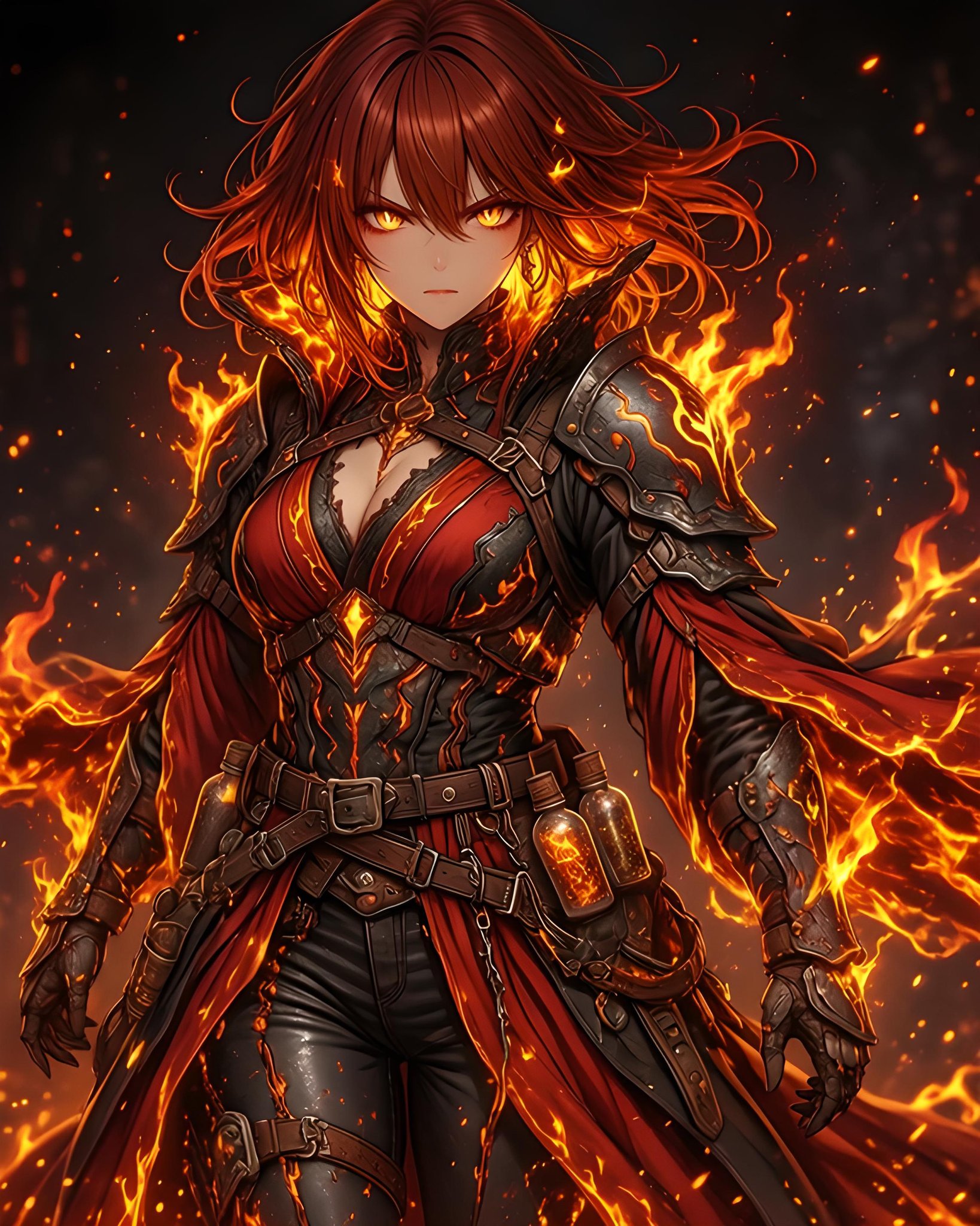 Anime-style dark fantasy illustration of a female fire sorceress with glowing golden eyes and flowing red hair surrounded by flames. She wears dark leather and metal armor with red accents, multiple belts, and gauntlets. Embers and fire swirl around her against a dark background, creating an intense and powerful atmosphere.
