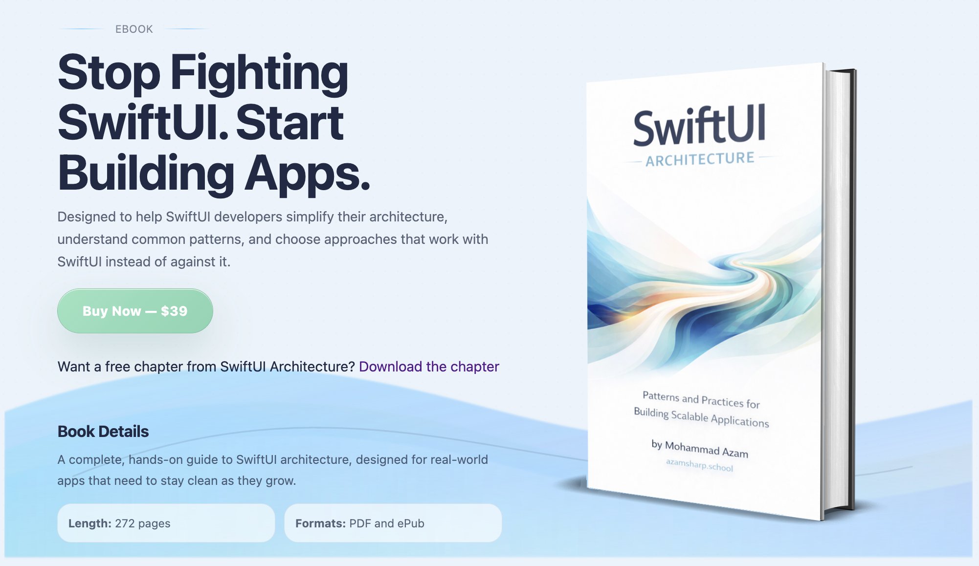 The SwiftUI Architecture book just crossed 100+ copies sold.

No publisher.
No launch team.
No marketing machine.

Just iOS developers who care about building scalable apps the right way.

Grateful for the support 🙏

https://azamsharp.school/swiftui-architecture-book.html

#iosdev #swiftui #swiftdata
