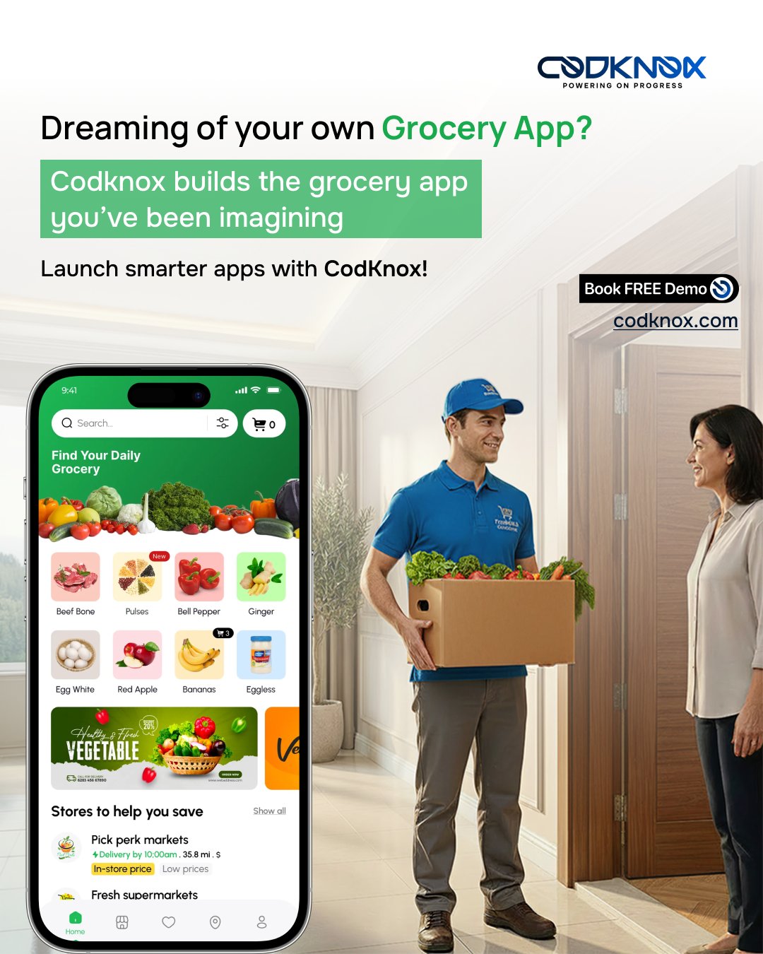 An Infographic image with text "Dreaming of your own grocery app? CodKnox builds the grocery app you’ve been imagining."

