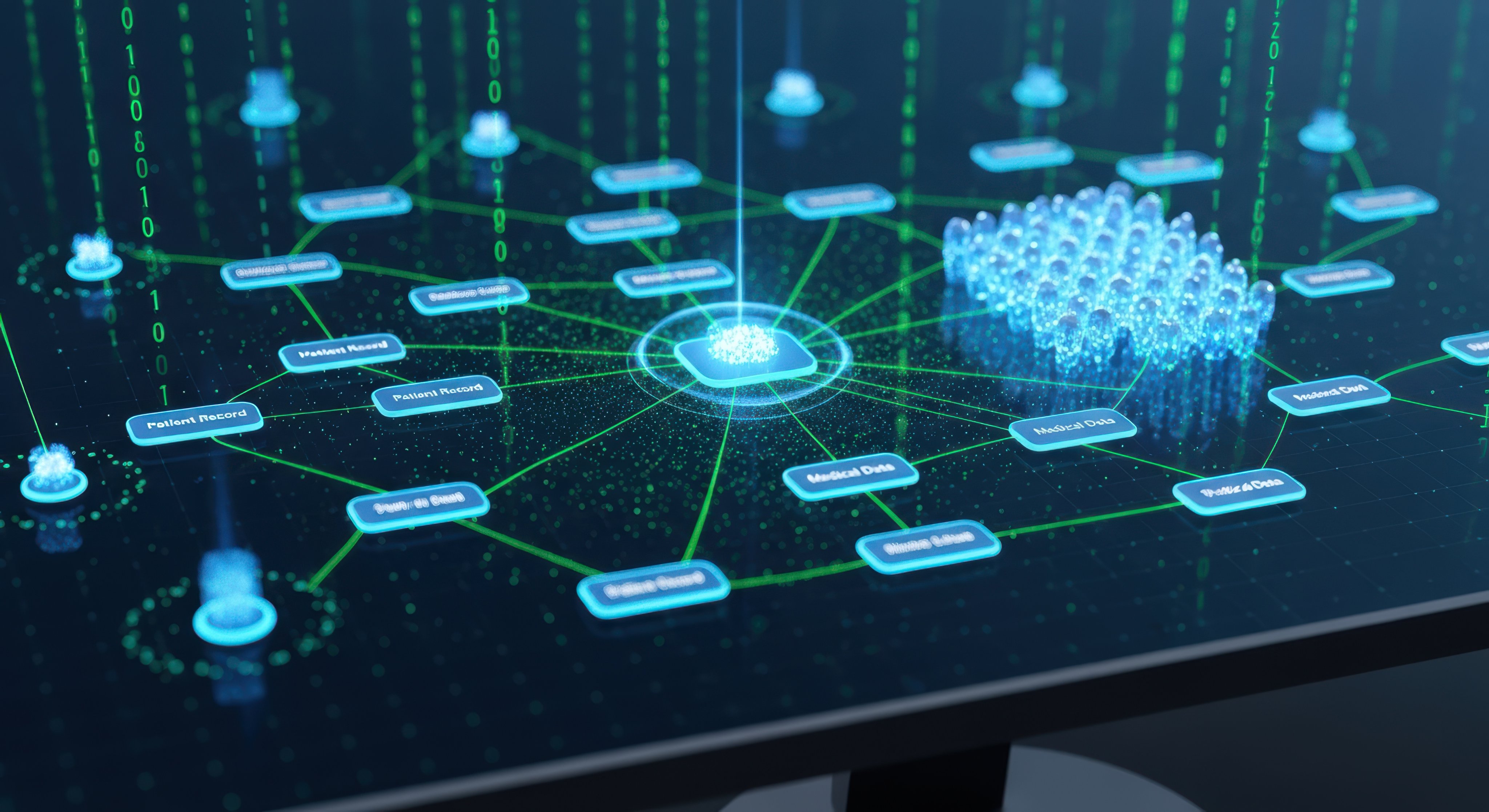 Centralized digital data hub connected to multiple external sources, illustrating how provider directory data must be unified and continuously validated when it becomes publicly visible infrastructure under CMS regulations.