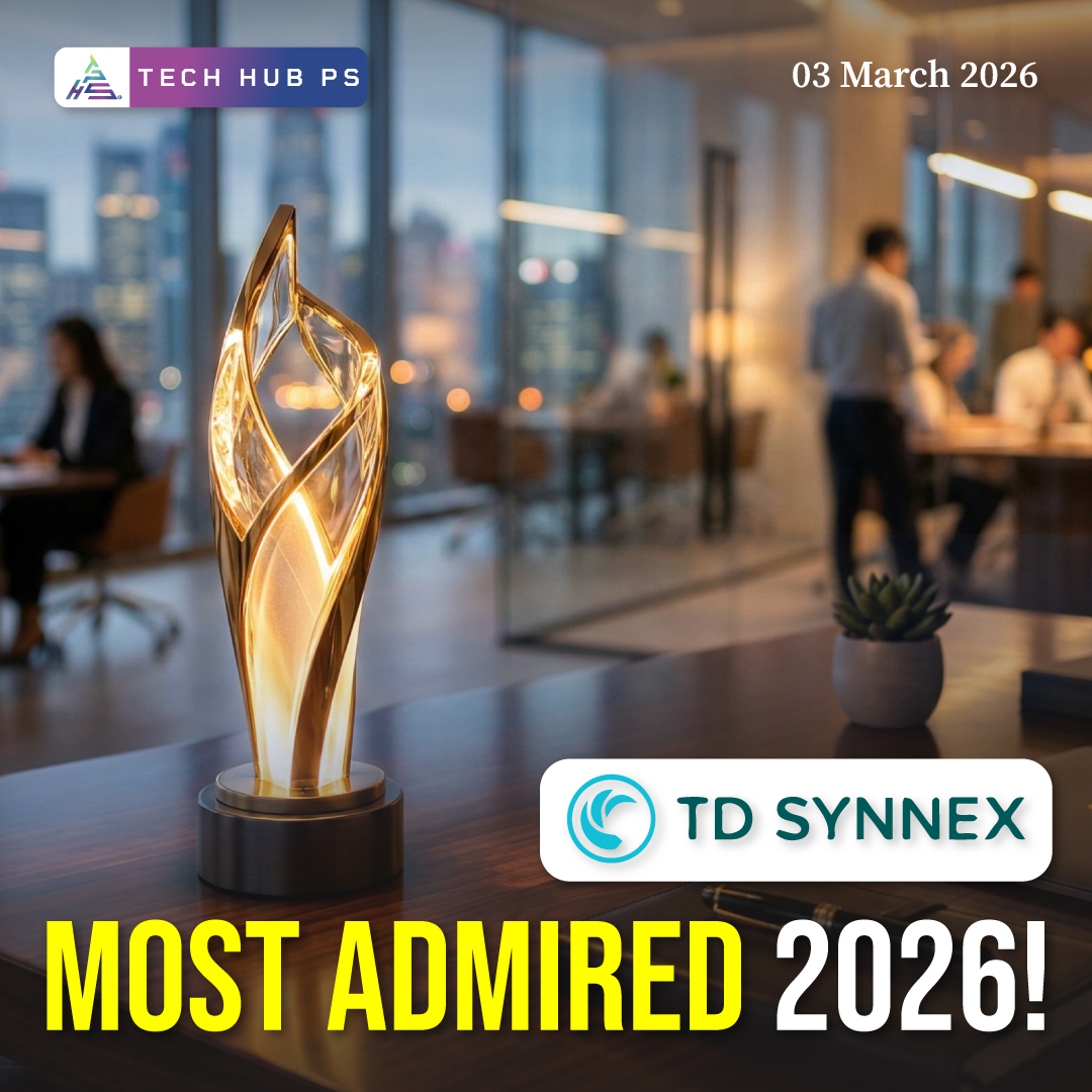 TD SYNNEX award trophy displayed in a modern office, celebrating being named a 2026 World’s Most Admired Company, shared by Tech Hub PS.