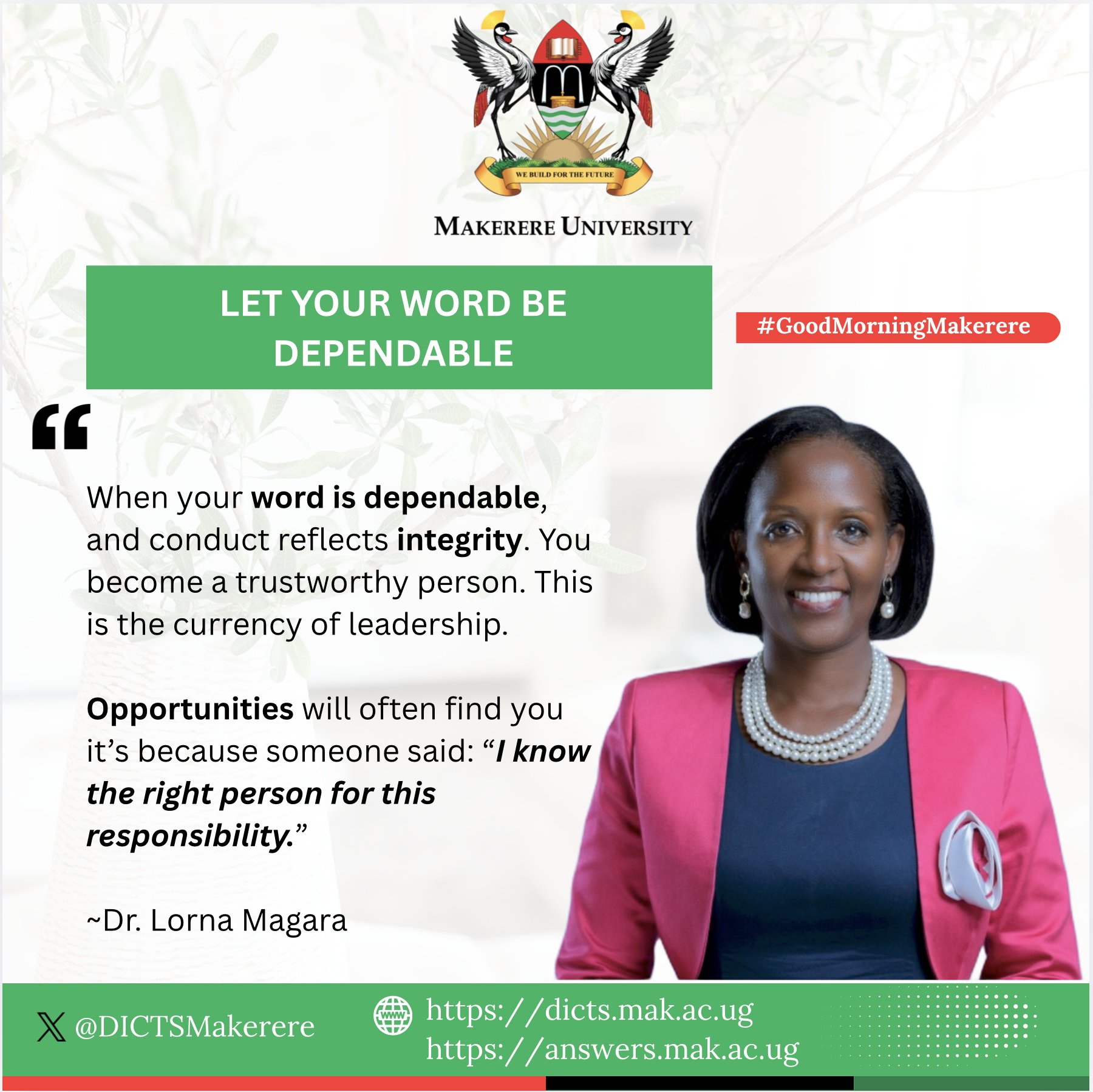 Are your actions different from your words?
Dr. @MagaraLorna says:
"When your word is dependable, and conduct reflects integrity. You become a trustworthy person. This is the currency of leadership."
As you #BuildForTheFuture, work on your currency of leadership.
Good morning.