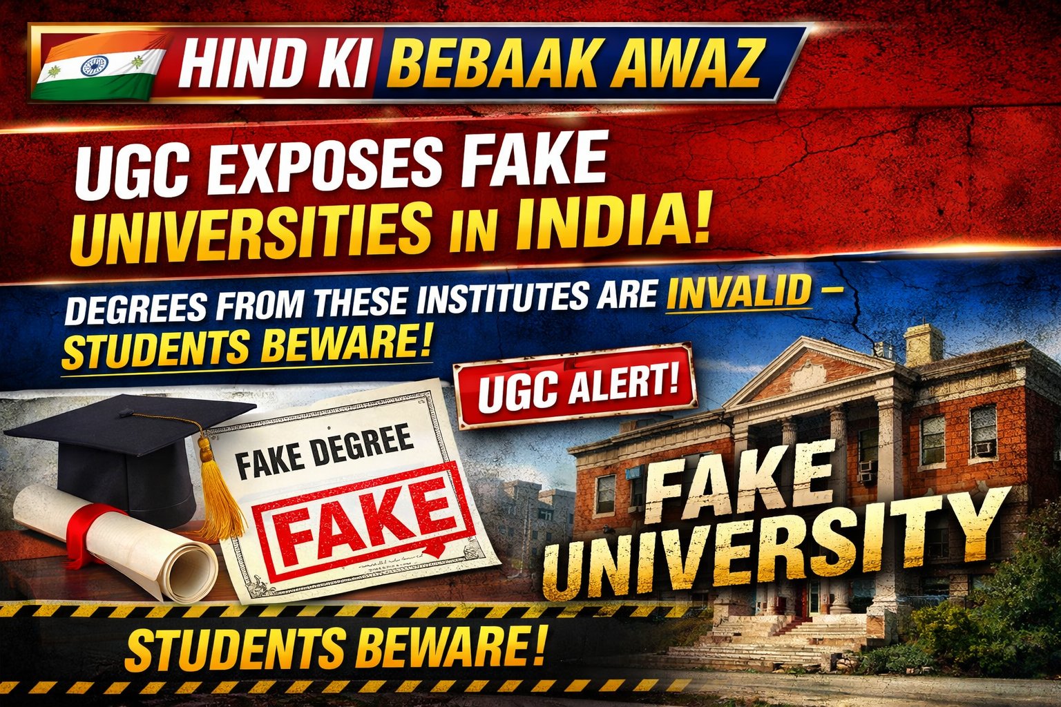 List of Fake / Unrecognized Universities in India:
Christ New Testament Deemed University – Guntur, Andhra Pradesh
Bible Open University of India – Visakhapatnam, Andhra Pradesh
Indian Institute of Alternative Medicine – Arunachal Pradesh
Mountain Institute of Management & Technology – New Delhi
World Peace of United Nations University (WPUNU) – New Delhi
Institute of Management and Engineering – Delhi
National Institute of Management Solution – Delhi
All India Institute of Public & Physical Health Sciences (AIIPHS) – Delhi
Commercial University Ltd. – Delhi
United Nations University – Delhi
Vocational University – Delhi
ADR-Centric Juridical University – Delhi
Indian Institute of Science and Engineering – New Delhi
Viswakarma Open University for Self-Employment – Delhi
Adhyatmik Vishwavidyalaya (Spiritual University) – Delhi
Magic & Art University – Haryana
Daksha University (Vocational and Life Skill Education) – Jharkhand
Global Human Peace University – Bengaluru, Karnataka
