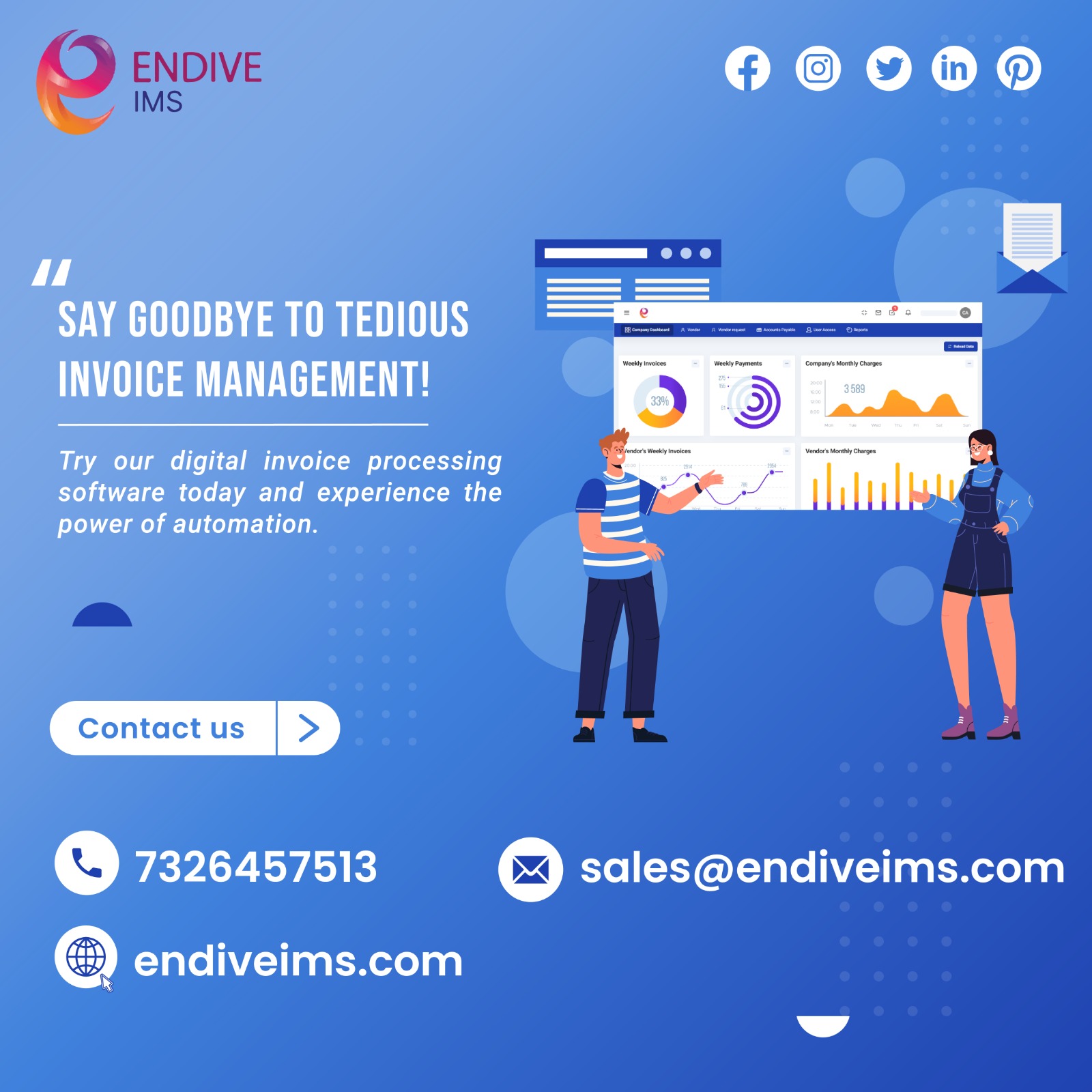 Illustration of two business professionals using Endive IMS software on a digital dashboard with graphs and data analytics, promoting automated invoice management and contact information.