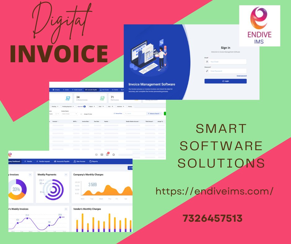 Promotional graphic for Endive IMS Digital Invoice Management Software showing software dashboard, login screen, and analytics with the text "Smart Software Solutions" and contact details.
