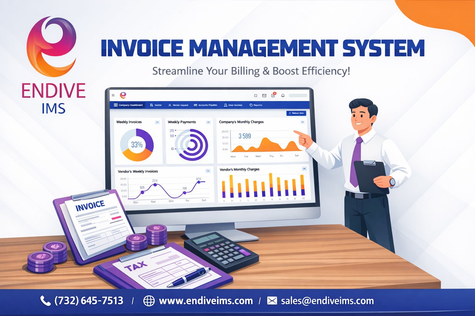 Social media promotional graphic displaying the Endive IMS digital invoice management dashboard on a computer screen with charts, analytics, and business billing data.