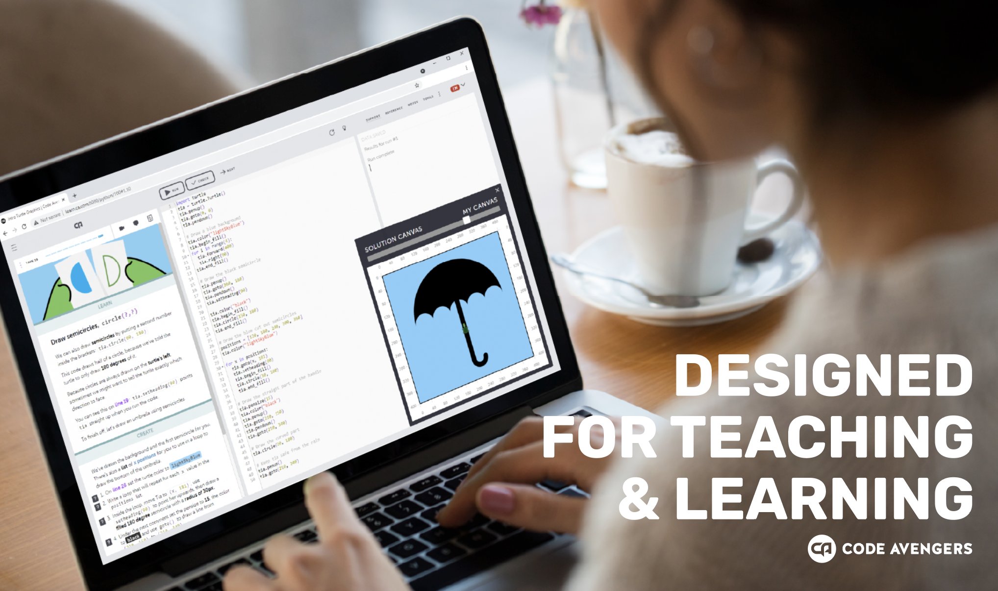 Code Avengers learning platform is designed for teaching and learning (caption with logo on top of a student learning with Code Avengers on a laptop)