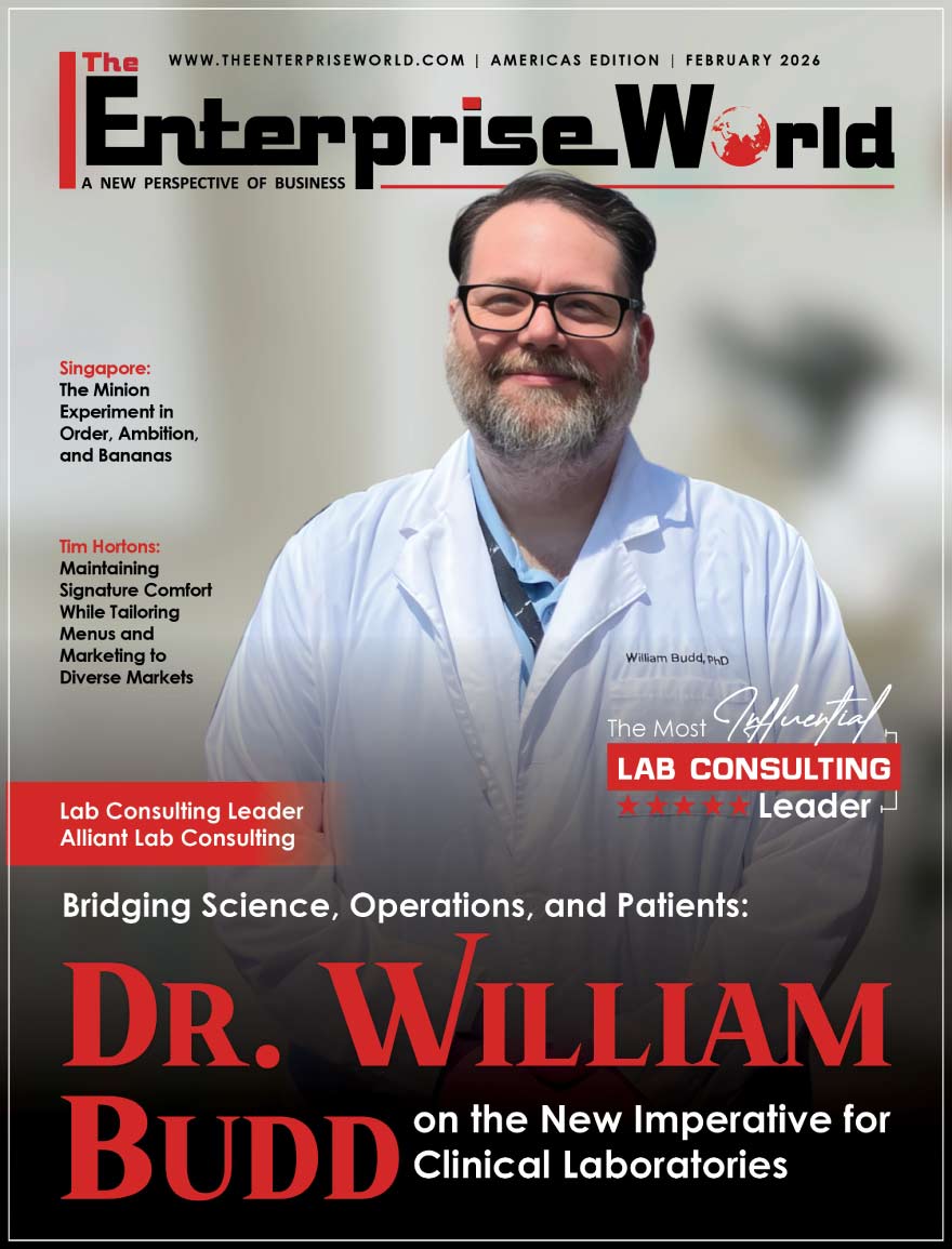 Magazine cover of The EnterpriseWorld featuring Dr. William Budd, titled "The Most Influential Lab Consulting Leader."