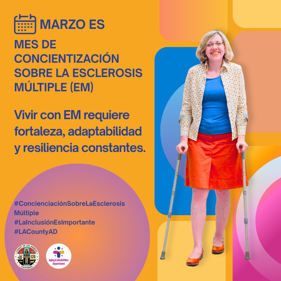 Woman using crutches wearing a blue shirt and orange skirt on a colorful background promoting Multiple Sclerosis awareness in March in Spanish
