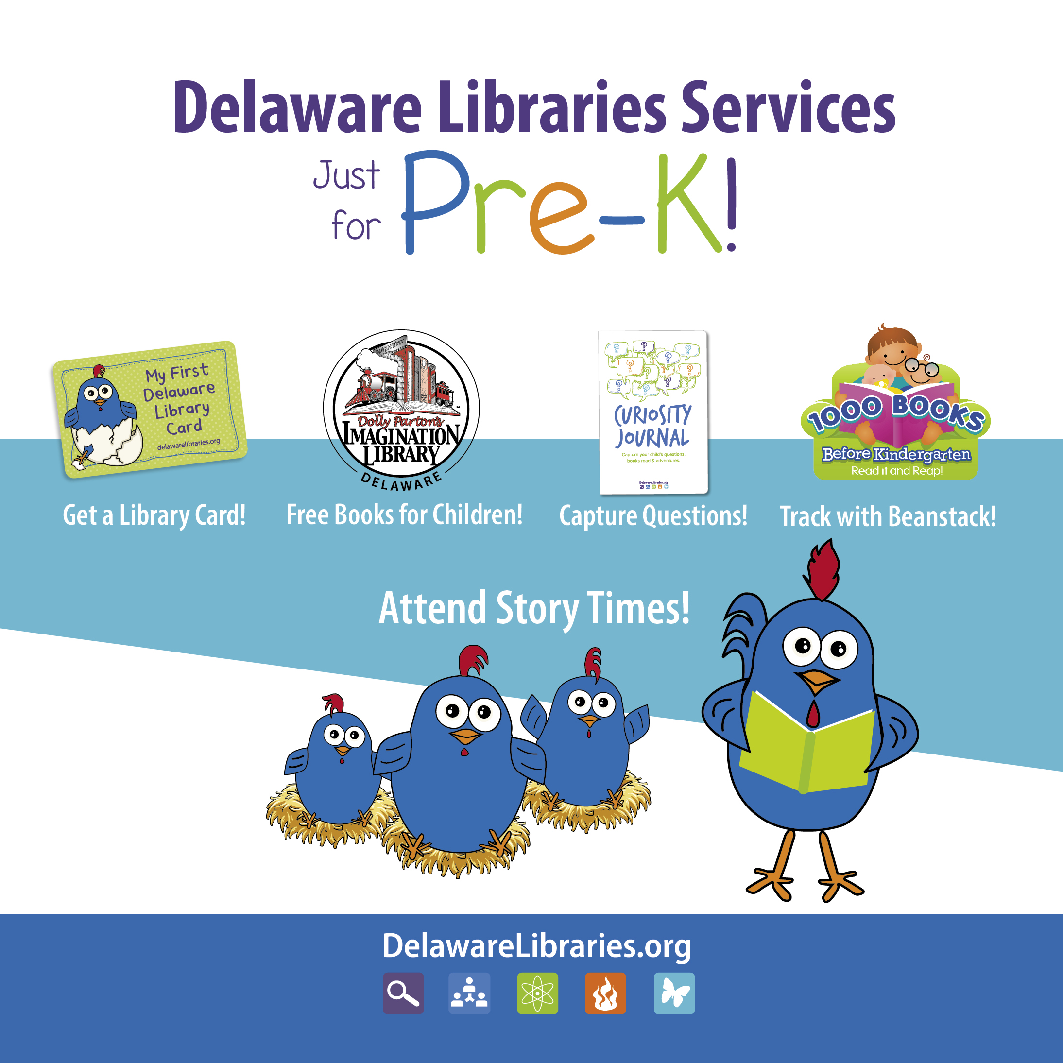 Delaware Libraries offers Pre-K programs including free books, library cards, story times, and tracking reading progress with Beanstack.