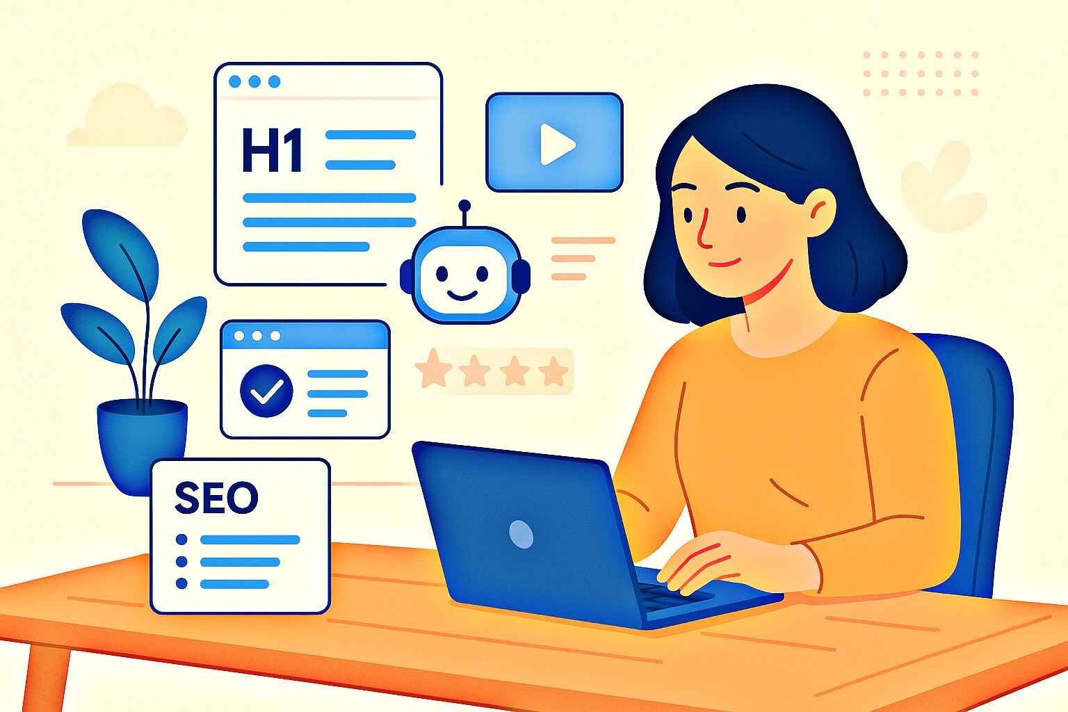 Flat illustration of a writer optimizing content for AI search with floating SEO and AI icons.