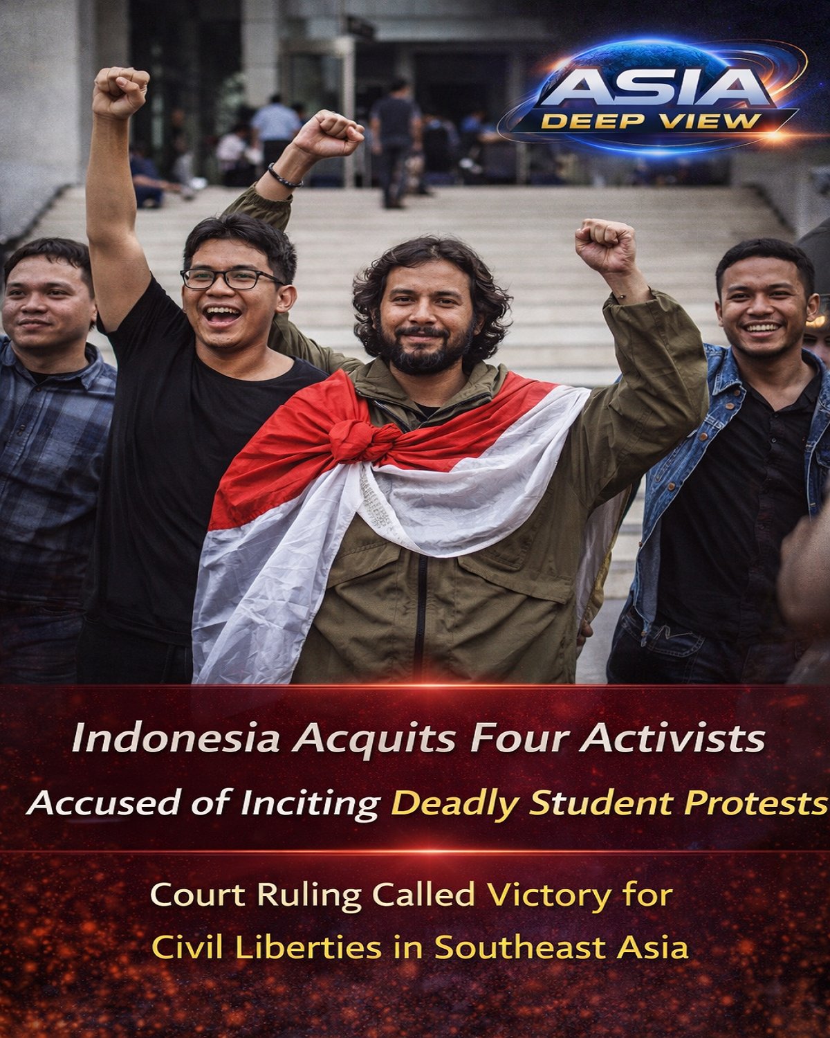 An Indonesian court has acquitted four activists accused of inciting the deadly 2025 student protests, marking a significant moment for civil liberties in Southeast Asia. Rights groups welcomed the ruling as a small but important victory for freedom of expression after months of arrests linked to nationwide demonstrations.