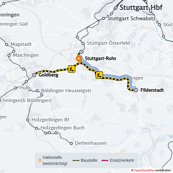 Streckenkarte zwischen Stuttgart Rohr und Filderstadt