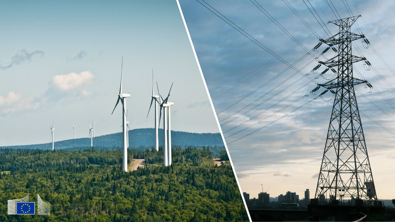 2 photos showing wind turbines in forest area on the left and an electric pylon on the right. 