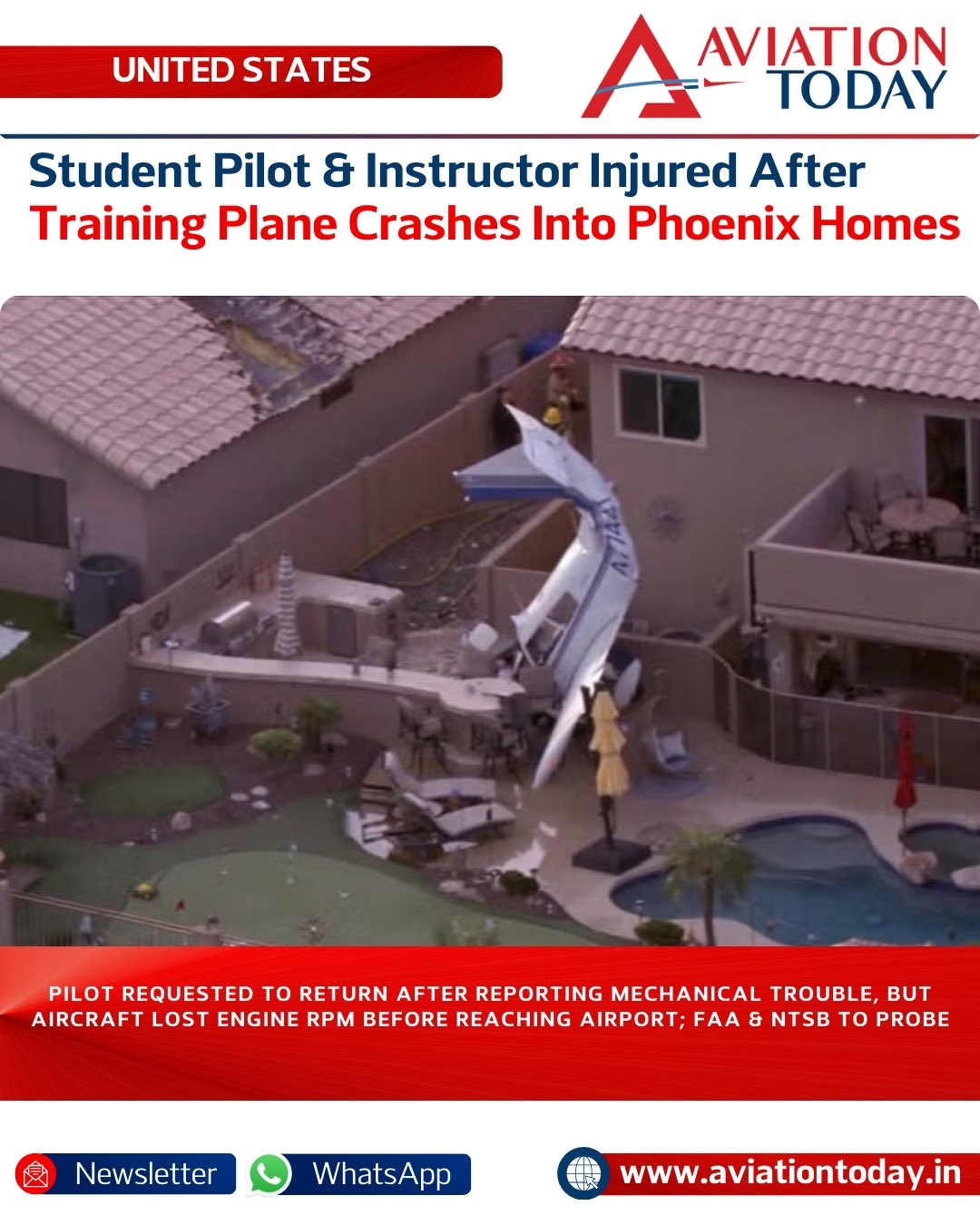 United States: A Piper PA-28 training aircraft crashed into a residential area in Phoenix, United States on March 4 after reporting engine trouble shortly after takeoff from Deer Valley Airport. 

The aircraft struck the roof of one home before coming to rest nose-down in the backyard of another, injuring a student pilot, a flight instructor and a homeowner. 

Authorities said the pilot had contacted the tower requesting to return due to mechanical issues, but the aircraft lost engine RPM before reaching the airport. 

The Federal Aviation Administration and National Transportation Safety Board have launched an investigation into the crash.

🔗 Article Link in Bio 

Image: @wionews 

#smallPlaneCrash #UnitedStates #Piper #AviationNews #AviationToday