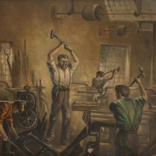 Image of men smashing looms