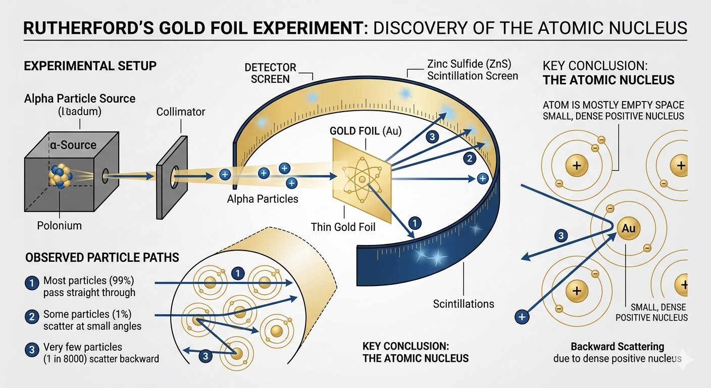 “Minimal science infographic showing Rutherford gold foil experiment: alpha particles hitting thin gold foil, some scattering backward, revealing a dense atomic nucleus. Clean scientific style, gold–blue palette.”