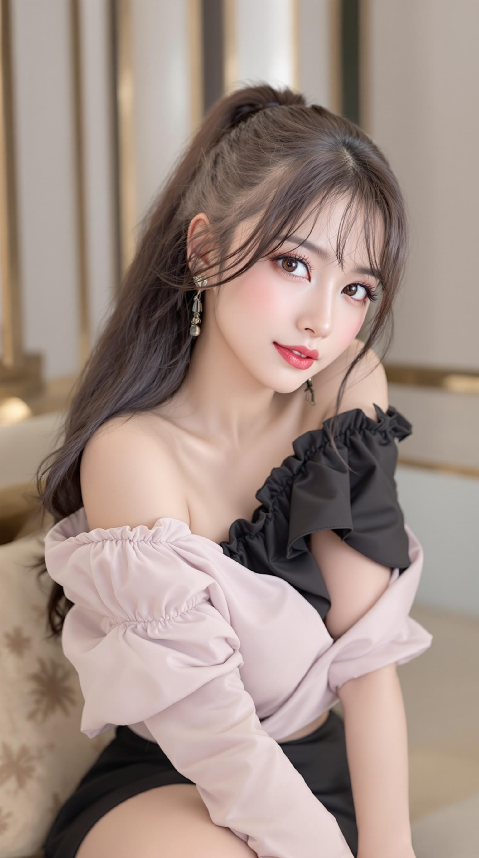 A softly lit AI-generated portrait of a Japanese woman with a gentle gaze, wearing an off-shoulder blouse and delicate earrings. She leans slightly forward, creating an intimate and calm atmosphere.
