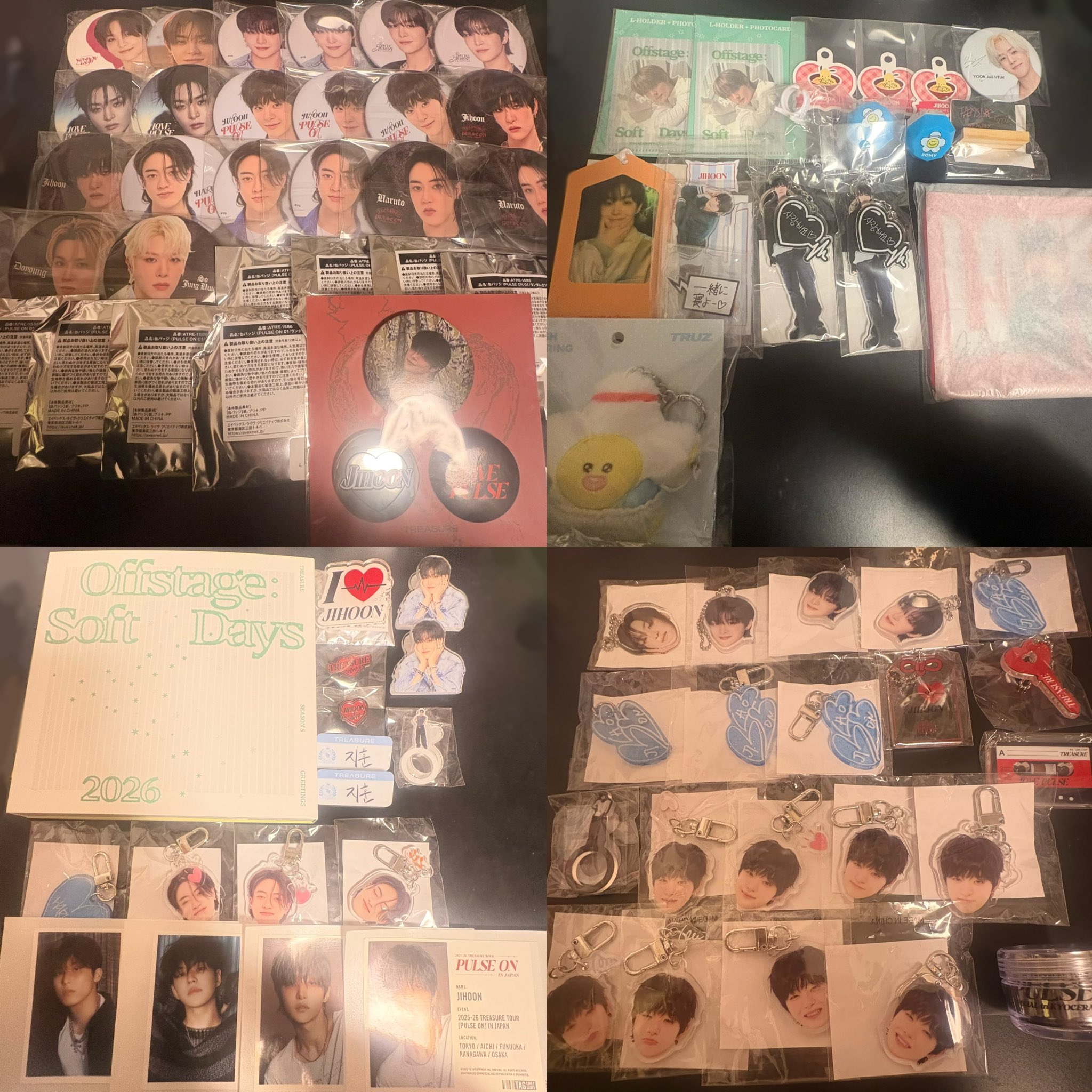 銀袋のものは全てPULSEON01の未開封
ジフン韓国缶バは初期傷あり
シーグリトレカはひとつだけ未開封
右上アクスタ、キーホルダー、クリアポーチ全て未開封
ROMY人形右手に汚れあり
ジフン名札は傷あり
ハルトアクキー全て未開封
ラベルは剥離紙でのお渡し
ラスナイ開封済、ファンコン顔1つ以外未開封
お守り、鍵、カセット全て未開封
喜怒哀楽1つずつ開封済
PULSEON京セラ銀テ