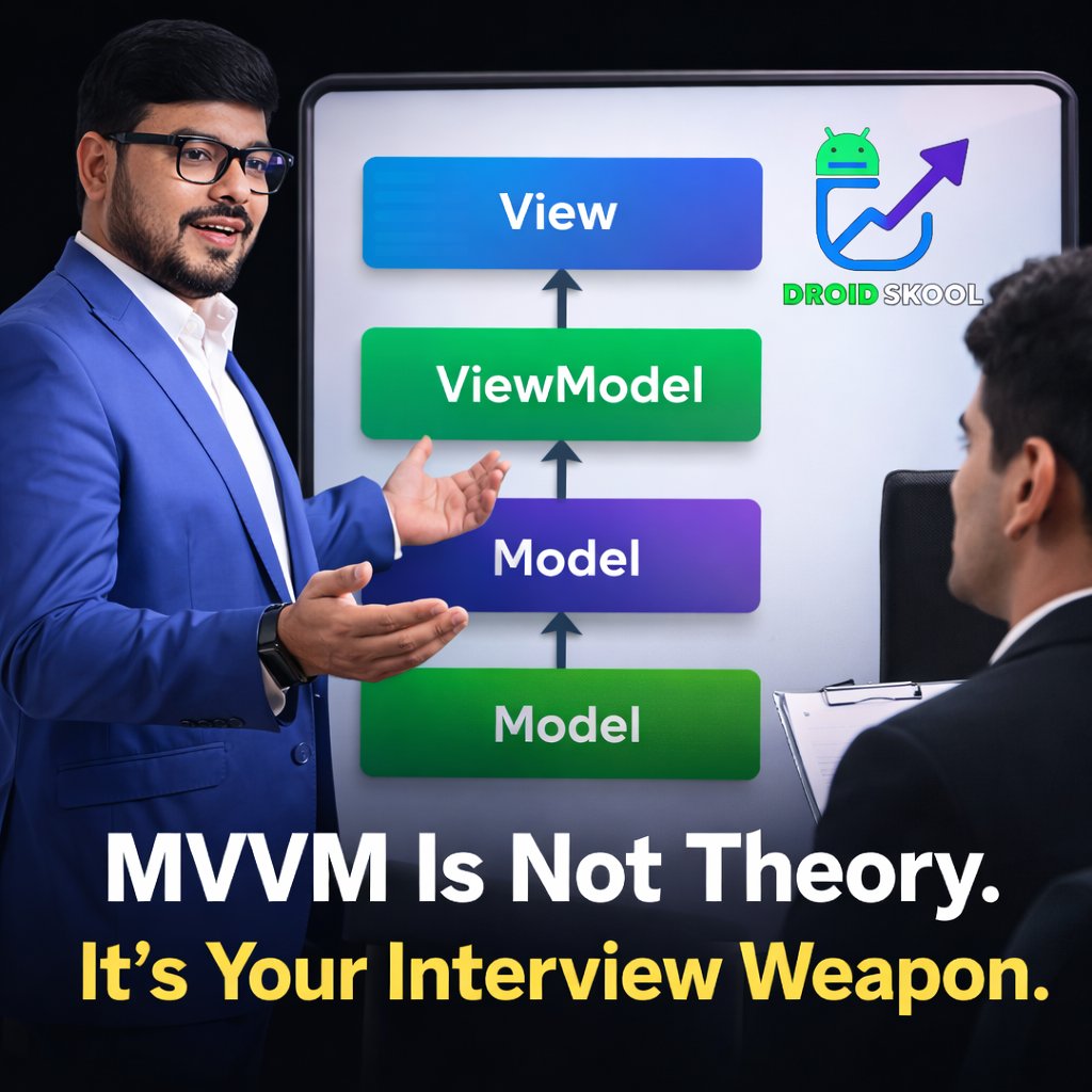 Confident Android mentor explaining MVVM architecture on a digital board to a candidate during an interview, highlighting Model, View, and ViewModel layers with Droid Skool branding | Nikhil Rai | Droid Skool