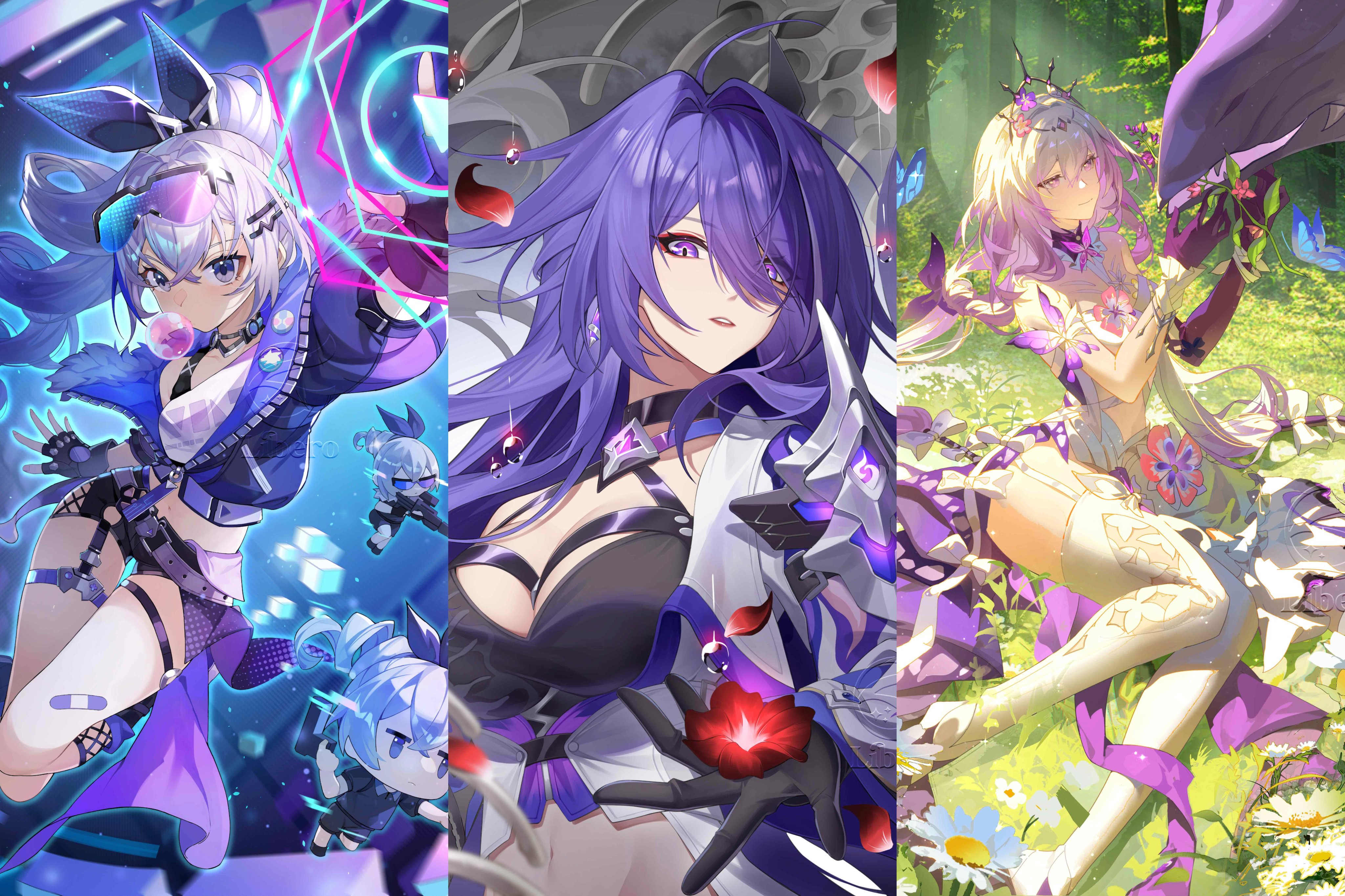 Three-panel fan art illustration of Honkai: Star Rail characters: left: Silver Wolf in a cyberpunk outfit with holographic effects; middle: Acheron holding a red flower with her signature purple hair and armor; right: Castorice (a fan-named variant) in a floral, nature-themed dress in a sunlit forest. 
