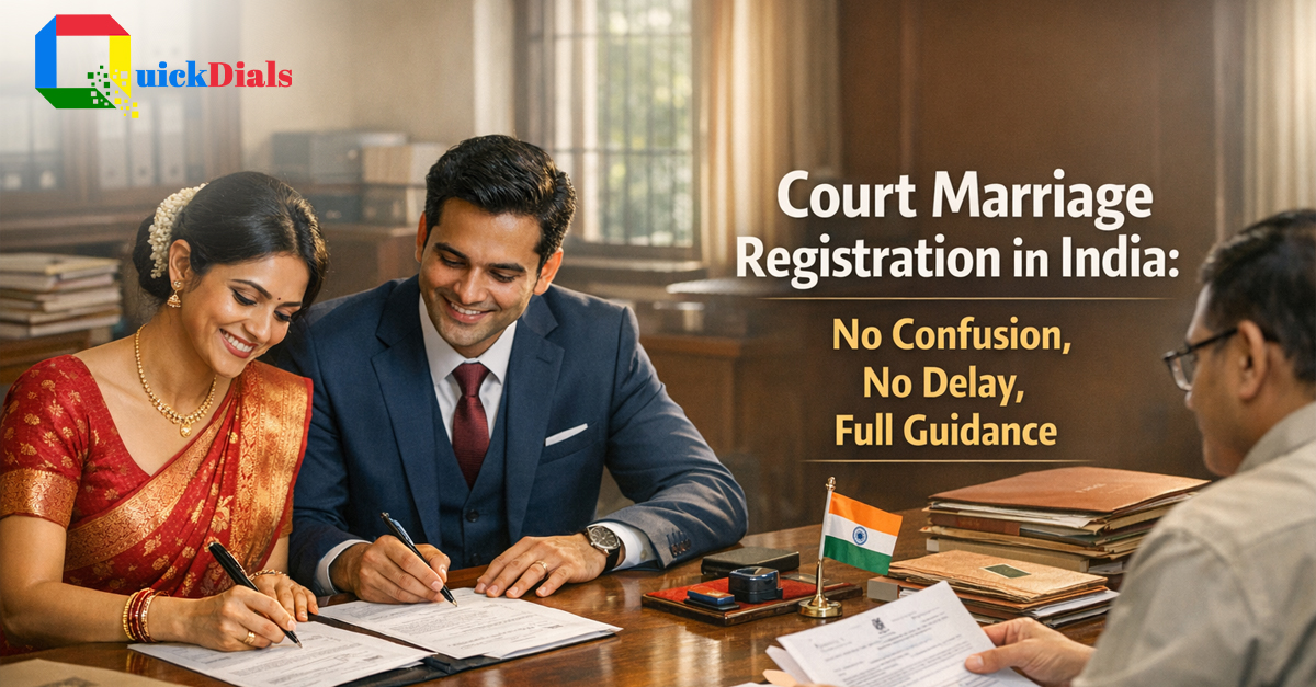 At Quick Dials, we believe that legal processes should be simple, transparent, and stress-free.
Our latest article, “Court Marriage Registration: No Confusion, No Delay – Complete Guide”, is designed to help individuals understand the entire process of court marriage in India — from required documents to step-by-step registration.
Whether you're planning a court marriage or just exploring the process, this guide ensures you have complete clarity without any confusion or delays.
🔍 Read the full article to make your legal journey smooth and hassle-free.
