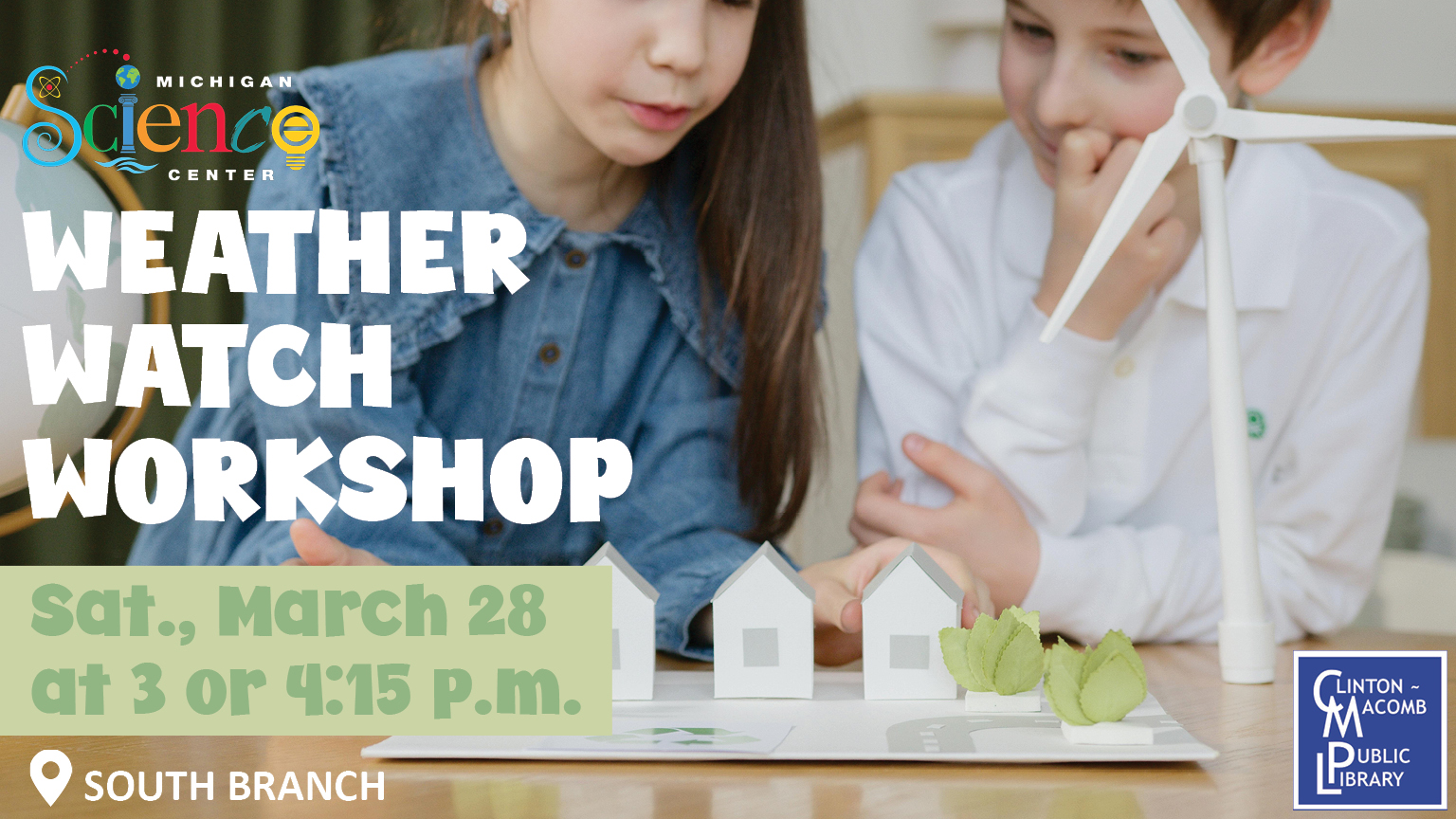 Two children engaged in a hands-on weather workshop at the Michigan Science Center's South Branch on March 28.