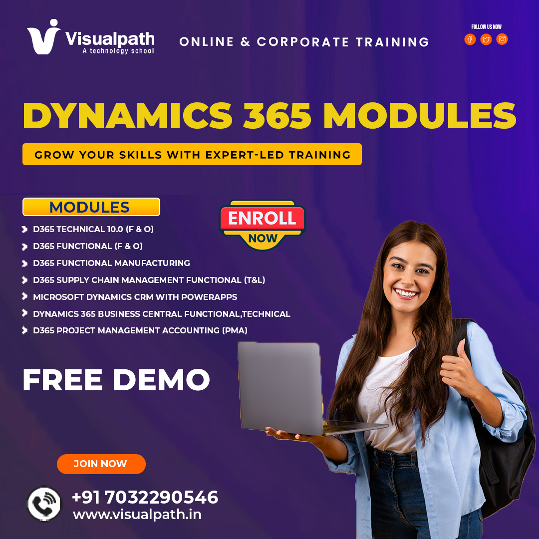 🚀 Join Visualpath’s best Dynamics 365 online training with real-time projects. Learn Finance, Operations, CRM, and PowerApps. Free demo class available.🚀

🌟 Modules Covered
✔ Dynamics 365 Technical 10.0 (Finance & Operations)
✔ Dynamics 365 Functional (Finance & Operations)
✔ Dynamics 365 Functional Manufacturing
✔ Dynamics 365 Business Central – Functional & Technical
✔ CRM with PowerApps
✔ Supply Chain Management Functional (Trade & Logistics)


👩‍💻 Course Highlights
⭐ Live Online & Corporate Training
⭐ Real-Time Hands-On Projects
⭐ Industry Expert Trainers
⭐ Practical Implementation Knowledge
⭐ Interview Preparation & Job Support
⭐ Certification Guidance


🎁 FREE DEMO SESSION AVAILABLE!
📞 Contact Visualpath:
📱 Phone: +91 7032290546
🌐 Visit: https://www.visualpath.in/online-microsoft-dynamics-crm.html
📈 Start your career today!

#Dynamics365 #D365 #MicrosoftERP #CRM #PowerPlatform #BusinessCentral #SupplyChain #Manufacturing #ITCareer #ERPTraining #TechSkills #CareerGrowth 