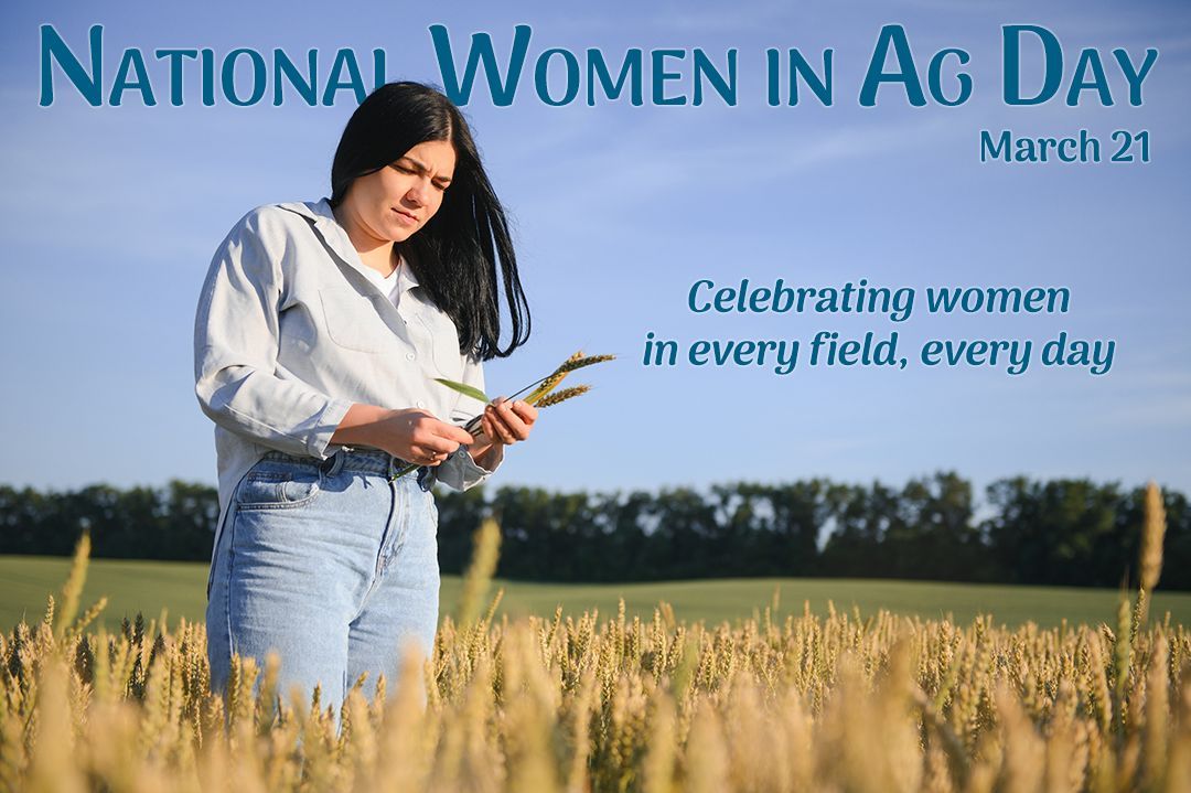 Woman standing in a wheat field examining heads, with text reading “National Women in Ag Day,” “March 21,” and “Celebrating women in every field, every day.”