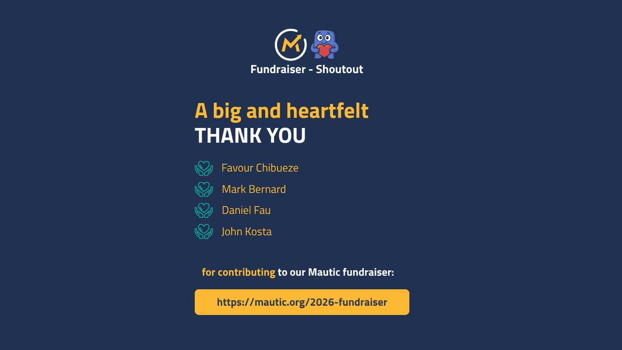Graphic thanking contributors to a fundraiser. The message states "A big and heartfelt THANK YOU" prominently at the top, followed by a list of names: Favour Chibuze, Mark Bernard, Daniel Fau, and John Kosta. There is a link to the fundraising page at the bottom. The background is dark blue with yellow text elements.