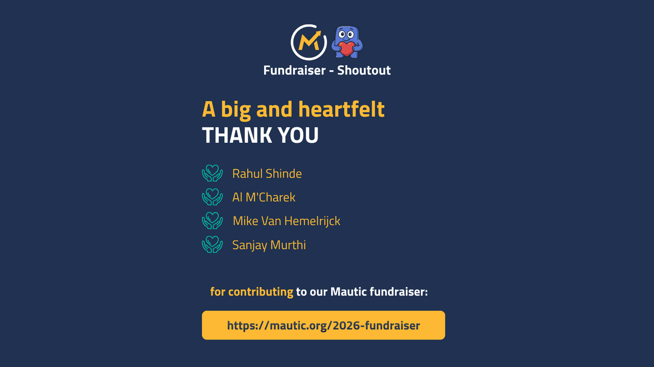 Image thanking contributors to a fundraiser for Mautic. The blue background highlights the message, which includes a title "A big and heartfelt THANK YOU" followed by the names Rahul Shinde, Al MCharlek, Mike Van Hemelrijk, and Sanjay Murthi. A link to the fundraiser is also provided: "https://mautic.org/2026-fundraiser."
