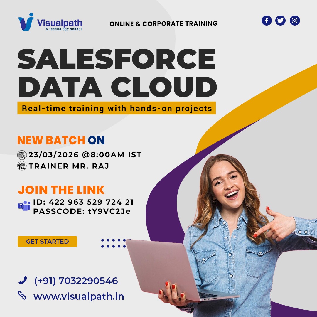 🎯 New Batch Alert: Salesforce Data Cloud at Visualpath!
🚀 Step into the future of CRM with Visualpath #SalesforceDataCloud Training and gain real-time, job-ready skills in customer data management and AI-driven solutions.
✨ New Batch Details:
📅 Date: 23rd March 2026
🕗 Time: 8:00 AM IST
👨🏫 Trainer: Mr. Raj
🔗 Join Link: https://bit.ly/4uBLv8d
🆔 Meeting ID: 422 963 529 724 21
📌 Password: tY9VC2Je
💡 Why Join This Training?
✔ Practical learning with real-time use cases
✔ In-demand Data Cloud & Customer 360 concepts
✔ Expert-led sessions with guidance
✔ Career-focused training approach
📢 Seats are limited – secure your spot today!
📞 Call / WhatsApp: +91 7032290546
🌐 More Details: https://www.visualpath.in/salesforce-data-cloud-training.html
#Visualpath #SalesforceDataCloud #SalesforceTraining #Datacloud #CorporateTraining #OnlineTraining #TechSkills #FreeDemo #UpskillNow #CareerUpgrade #MarketingCloudTraining #TechTraining