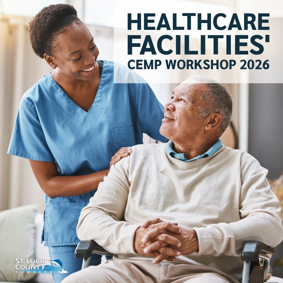 Nurse in blue scrubs attentively supporting elderly man in wheelchair promoting the CEMP Healthcare Facilities' Workshop.