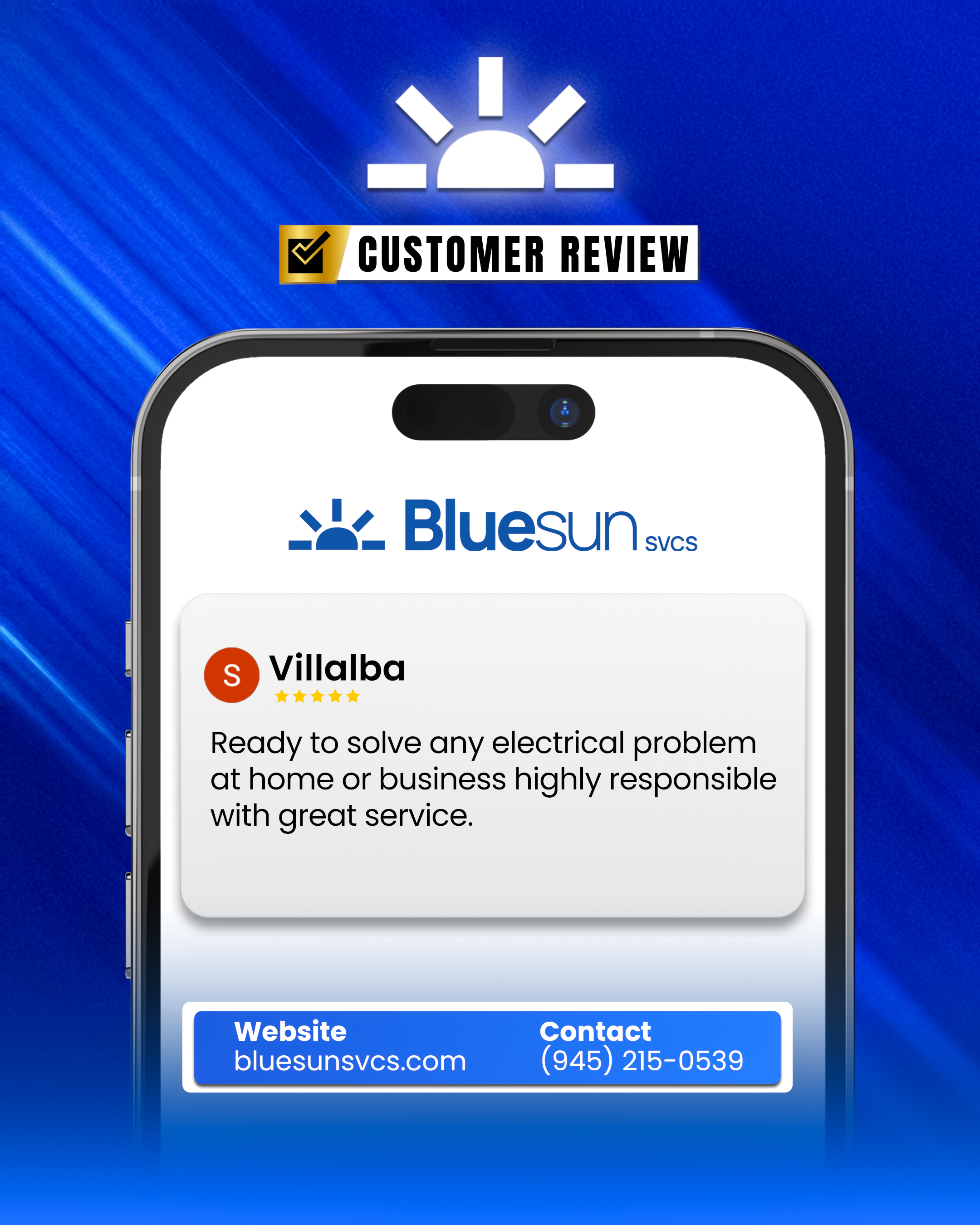 Creative smartphone-style graphic for Blue Sun Services showcasing a positive customer review about their responsible electrical service.