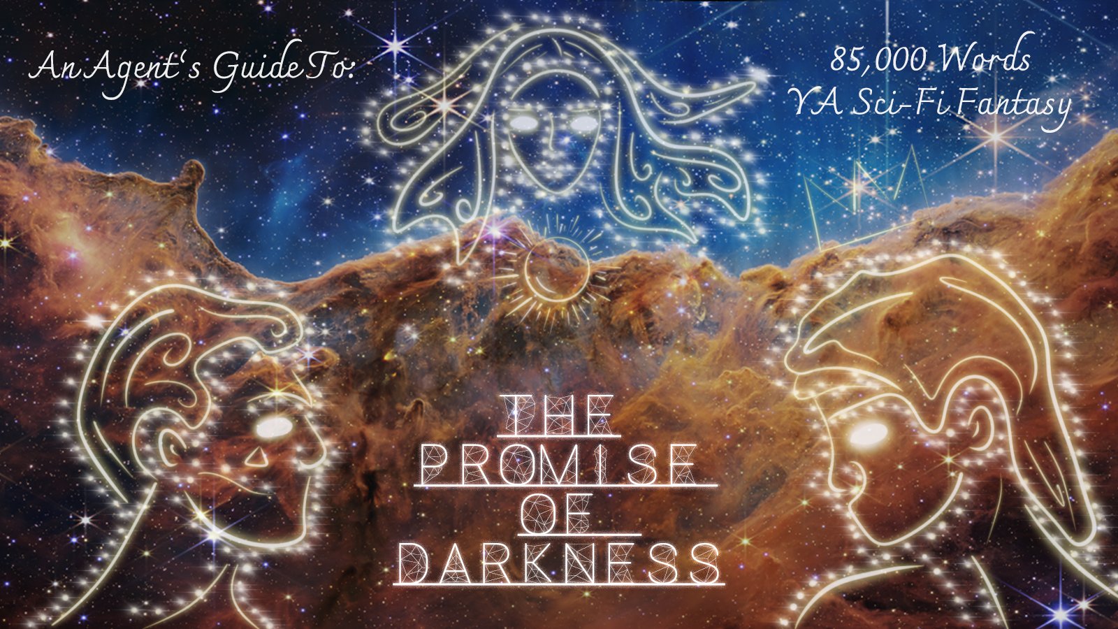 Background is a brilliant image of space depicting many stars against a dark blue sky with orange and red toned galactic clouds from the Webb telescope. Images of the three main characters are drawn using glowing yellow to mimic constellations. Text reads: An Agent’s Guide to The Promise of Darkness.