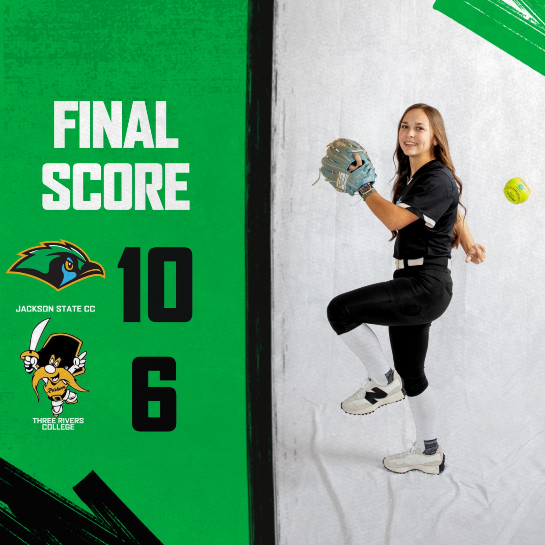 Final score graphic for a softball game: Jackson State Community College defeats Three Rivers College 10–6. On the right, a female softball player in a black uniform is mid-pitch, smiling, with a glove on her left hand and a yellow softball in motion. Green and black design elements frame the score on the left with both team logos displayed.