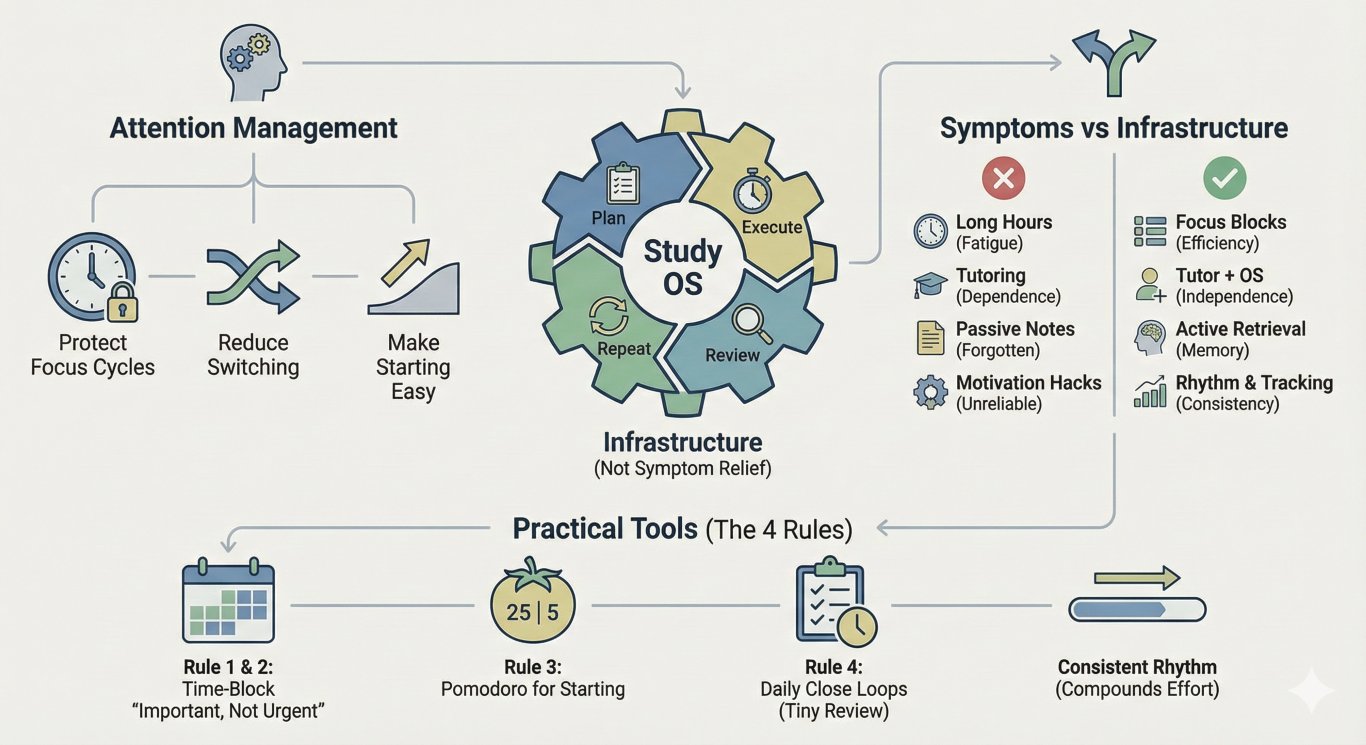 Infographic for "Study OS," a learning framework prioritizing infrastructure over quick fixes. It features a Plan-Execute-Review-Repeat cycle and tools like time-blocking to manage attention and build a consistent, compounding study rhythm.