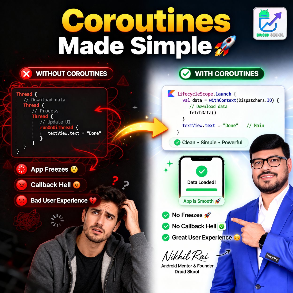 Kotlin Coroutines simplified explanation for Android beginners with async programming clarity | Nikhil Rai | Droid Skool