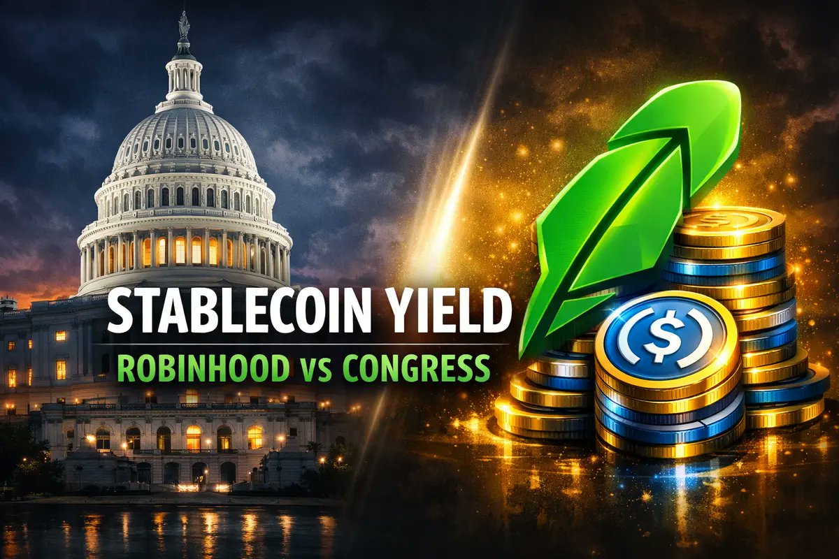 Dramatic financial illustration showing the US Capitol building glowing on the left and Robinhood’s green feather logo merging into stacks of USDC stablecoins on the right, with bold text reading “Stablecoin Yield – Robinhood vs Congress”