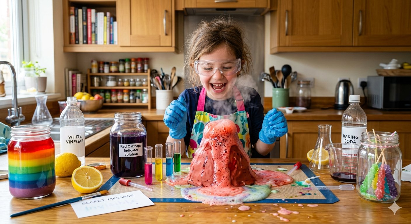 This is an educational and engaging picture of a child engaged in various science activities at home. The scene includes a red cabbage pH indicator solution, a jar of rainbow solids, lemon juice for invisible ink, and sugar crystals. The picture highlights the importance of hands-on learning and safety in chemistry by using everyday kitchen items to help students understand chemical reactions and physical properties.