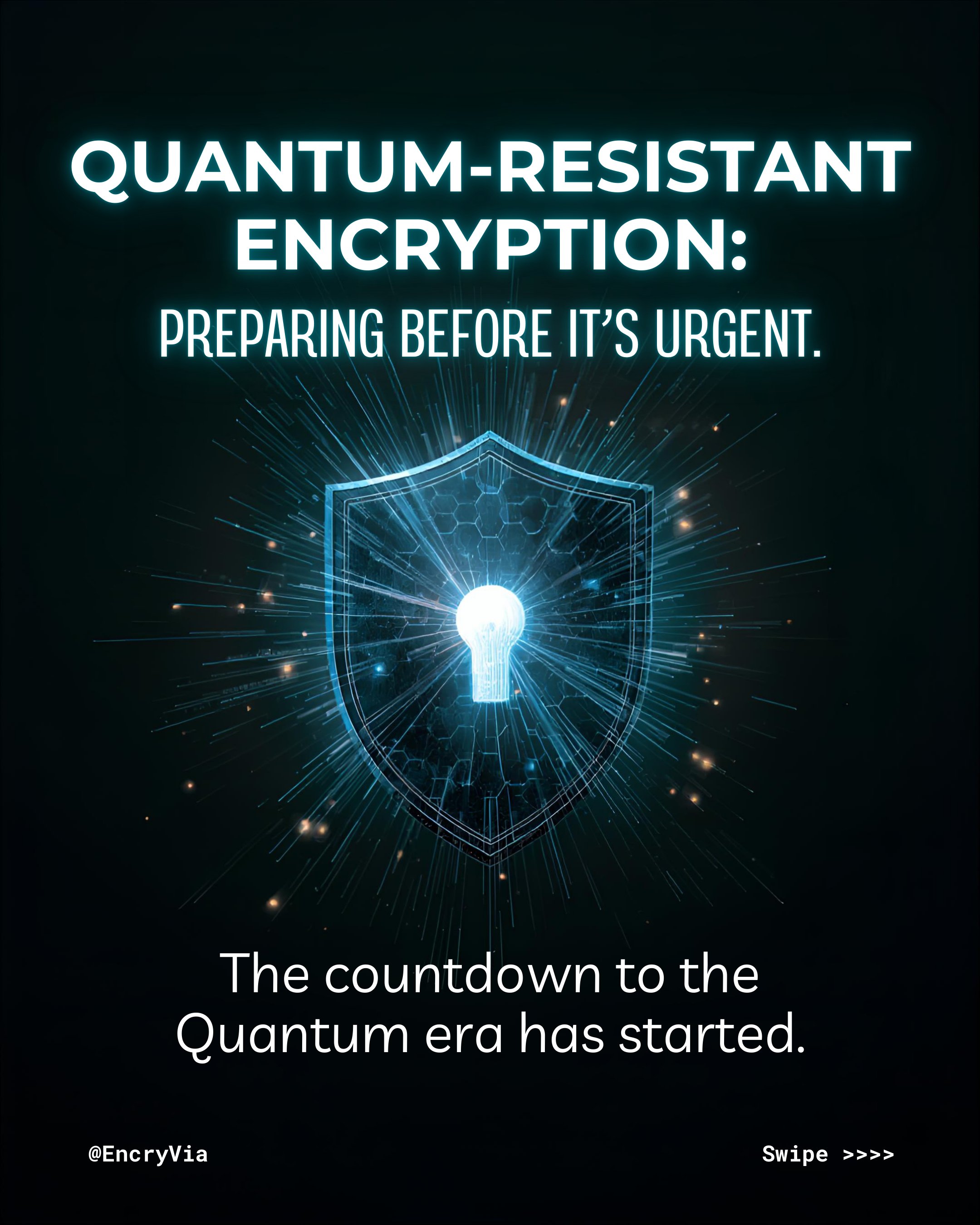 A cinematic social media graphic for quantum-resistant encryption. A large, complex, metallic hexagonal shield made of interwoven cyan lattice patterns is centered, protecting multiple modern server racks. In the hazy background, a glowing neon-blue quantum computing architecture is visible. The image features bold white text reading, 'QUANTUM-RESISTANT ENCRYPTION: PREPARE BEFORE IT’S URGENT.' and a subtle call to action, 'Swipe ->'